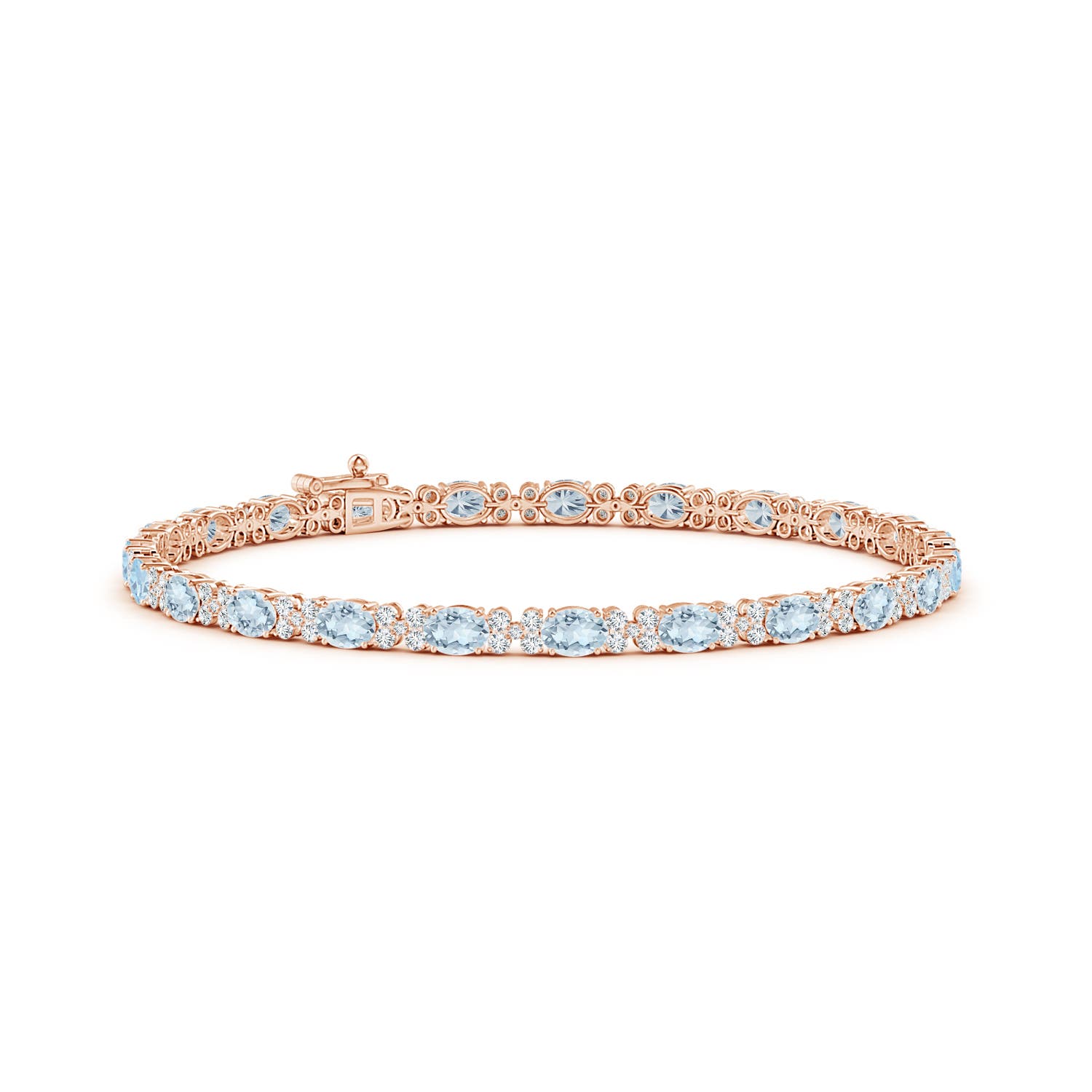 4x3mm A Oval Aquamarine Tennis Bracelet with Diamonds in Rose Gold