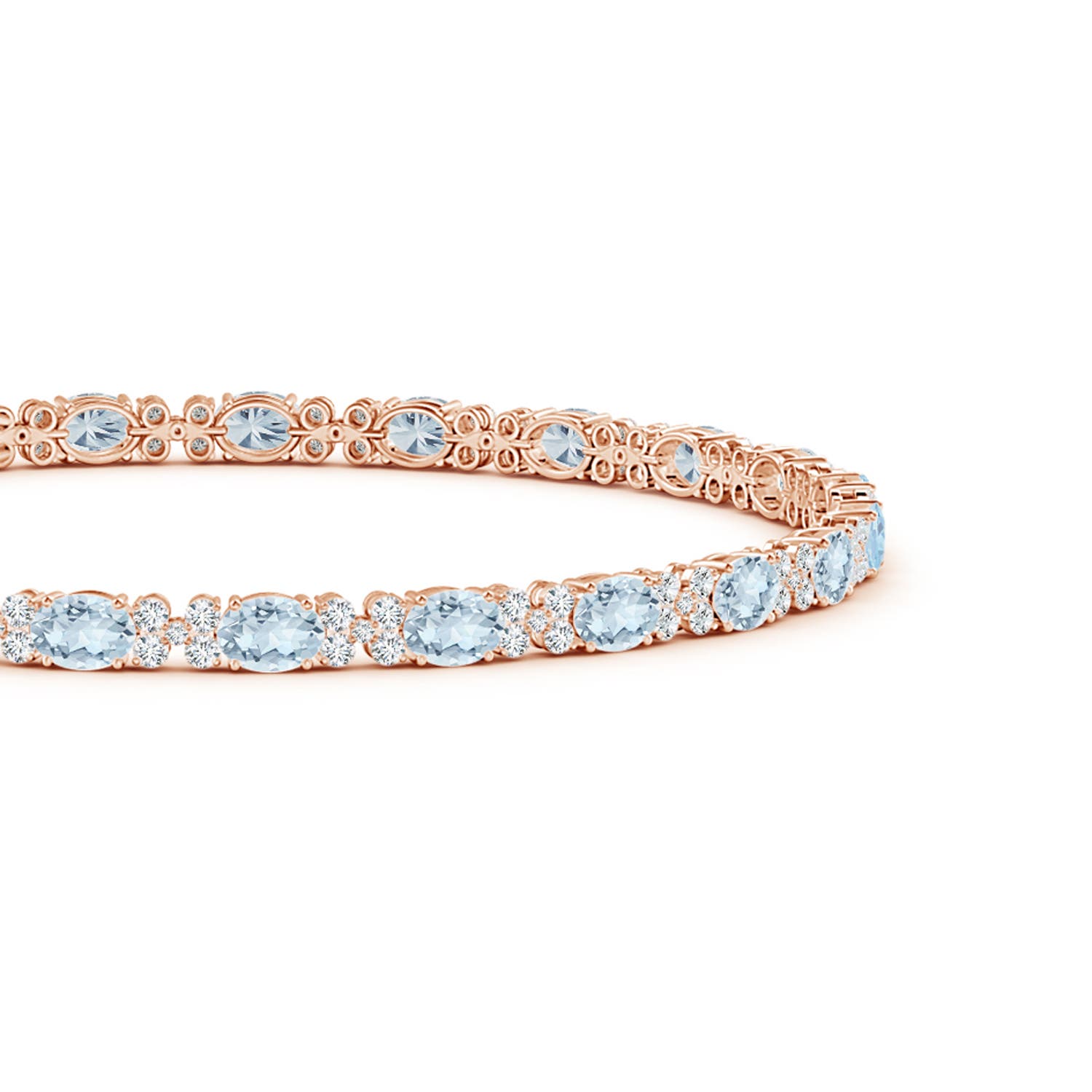 4x3mm A Oval Aquamarine Tennis Bracelet with Diamonds in Rose Gold