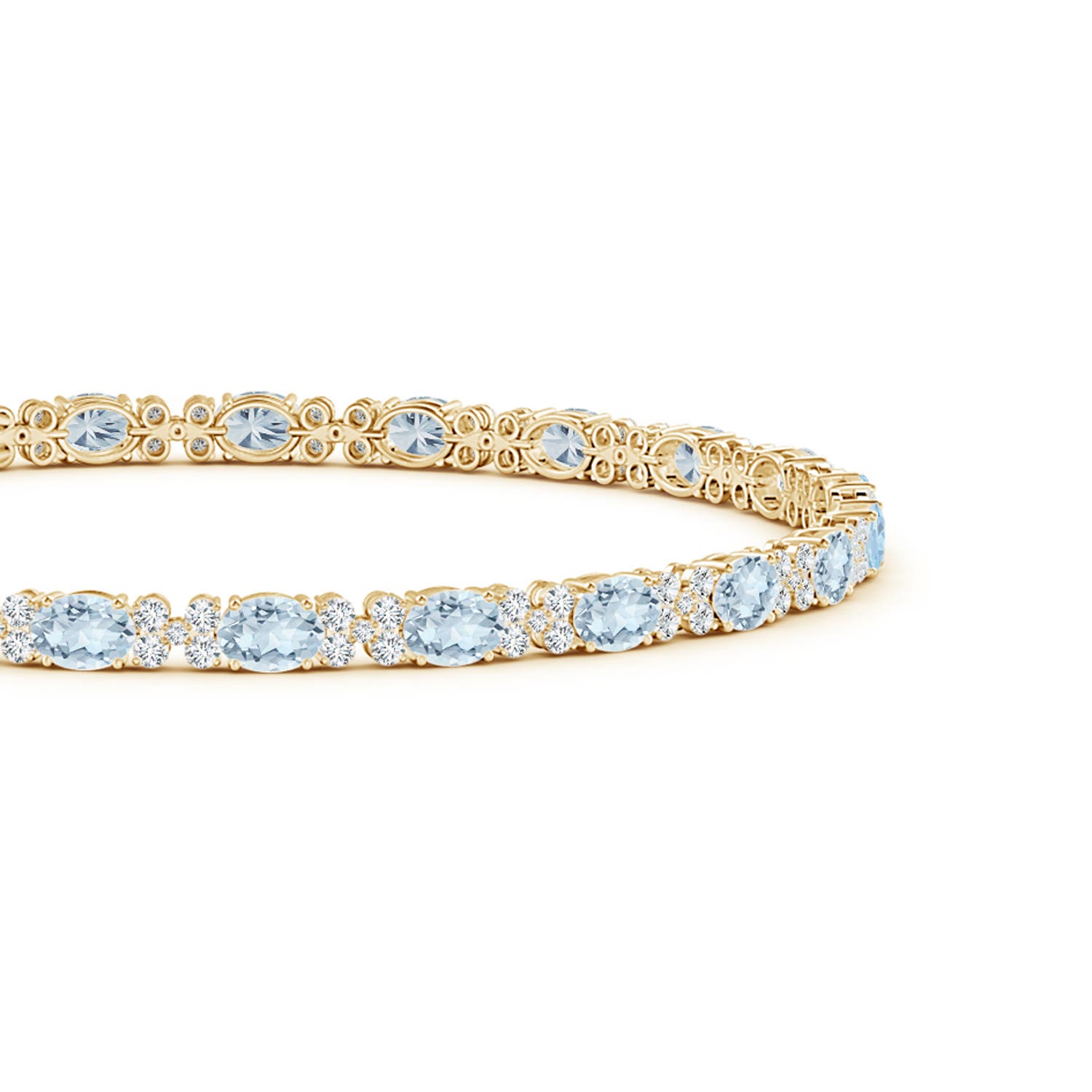 4x3mm A Oval Aquamarine Tennis Bracelet with Diamonds in Yellow Gold