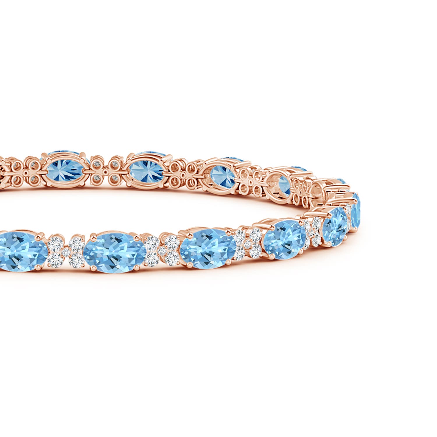 6x4mm AAAA Oval Aquamarine Tennis Bracelet with Diamonds in Rose Gold