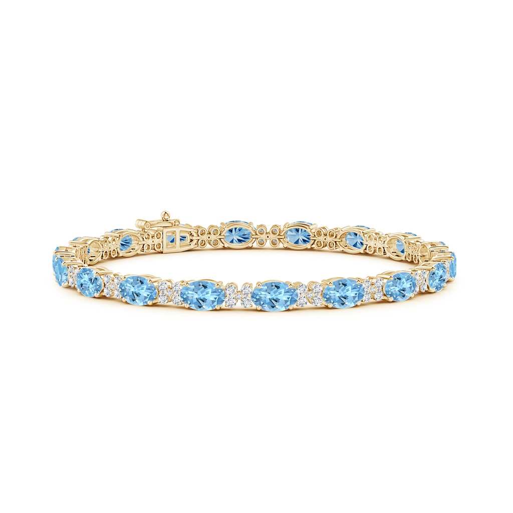 6x4mm AAAA Oval Aquamarine Tennis Bracelet with Diamonds in Yellow Gold