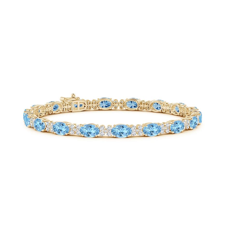 6x4mm AAAA Oval Aquamarine Tennis Bracelet with Diamonds in Yellow Gold 