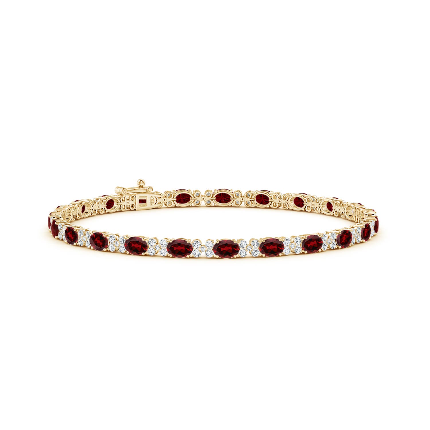 4x3mm AAAA Oval Garnet Tennis Bracelet with Diamonds in Yellow Gold