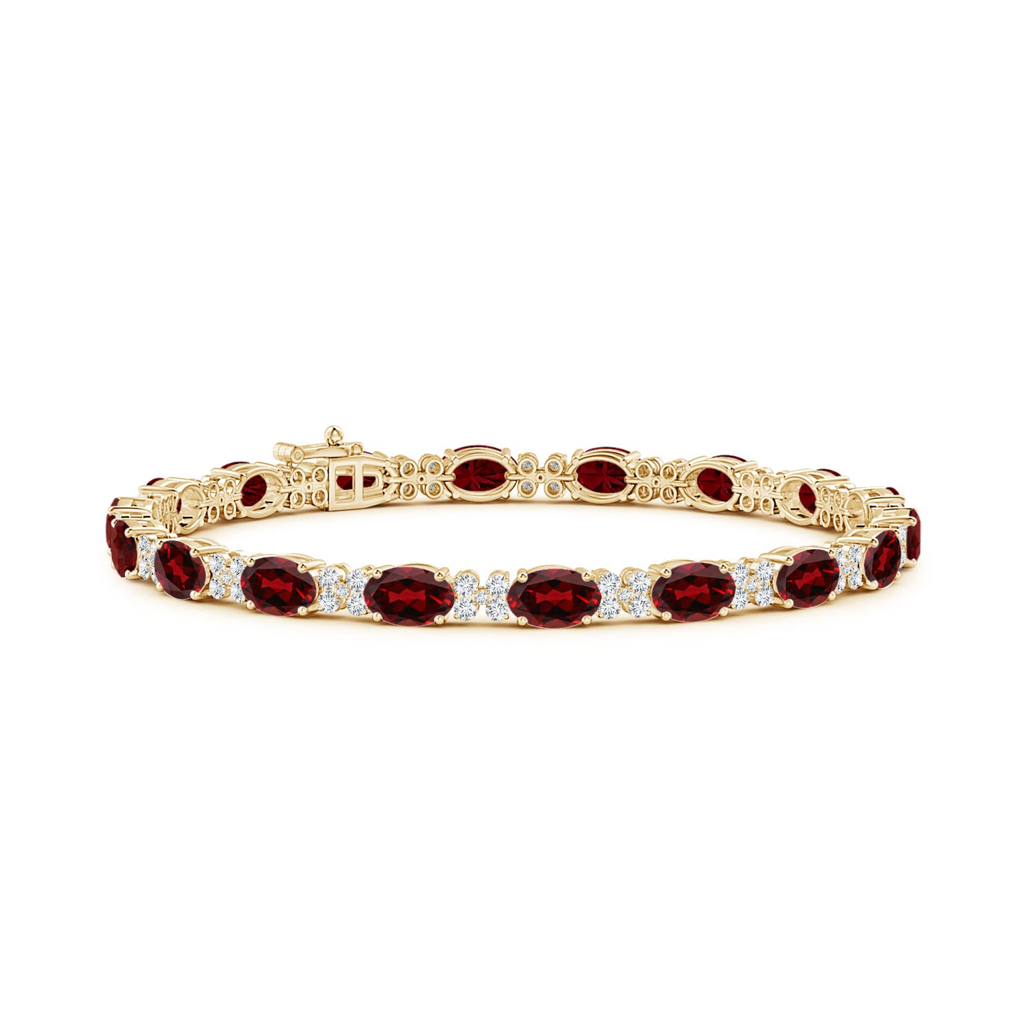 6x4mm AAAA Oval Garnet Tennis Bracelet with Diamonds in Yellow Gold