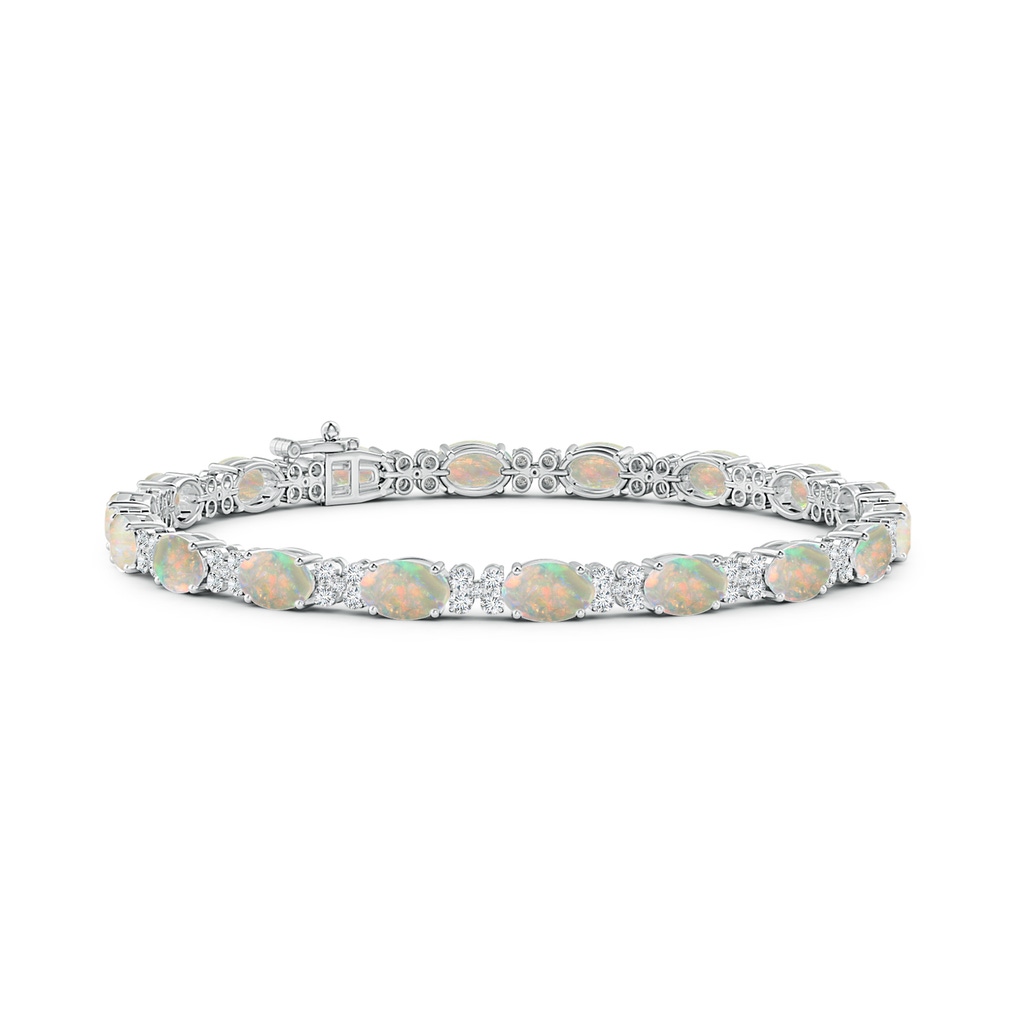 6x4mm AAAA Oval Opal Tennis Bracelet with Diamonds in White Gold