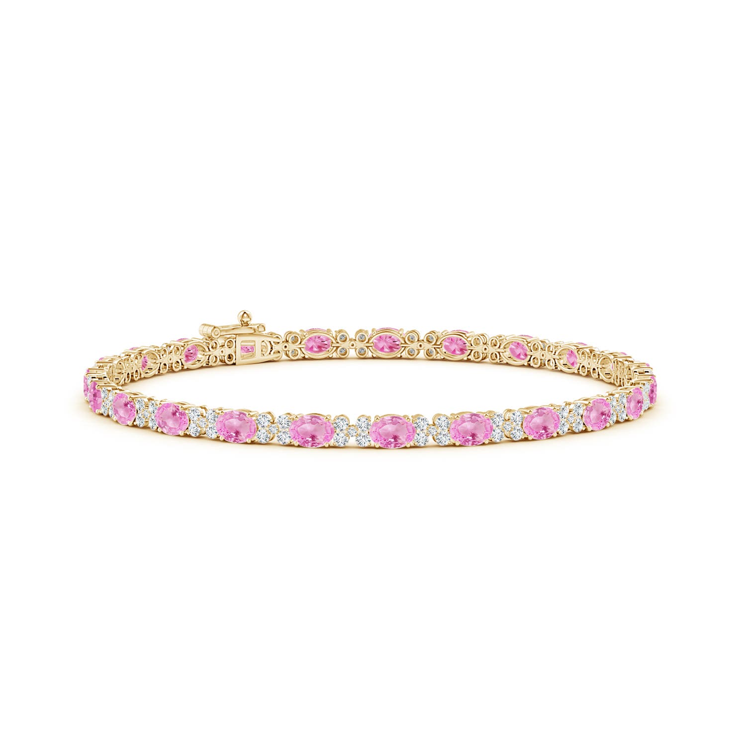 4x3mm A Oval Pink Sapphire Tennis Bracelet with Diamonds in Yellow Gold