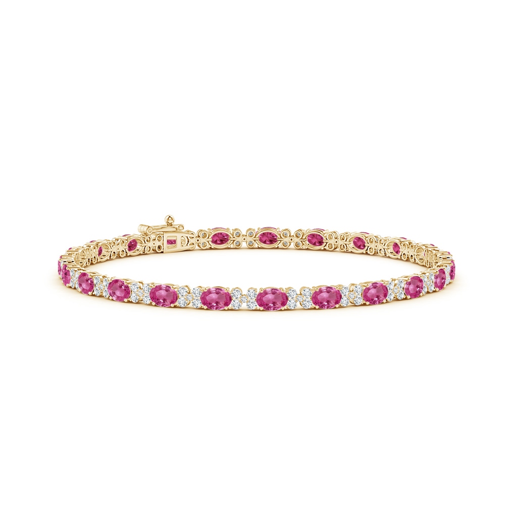 4x3mm AAAA Oval Pink Sapphire Tennis Bracelet with Diamonds in Yellow Gold