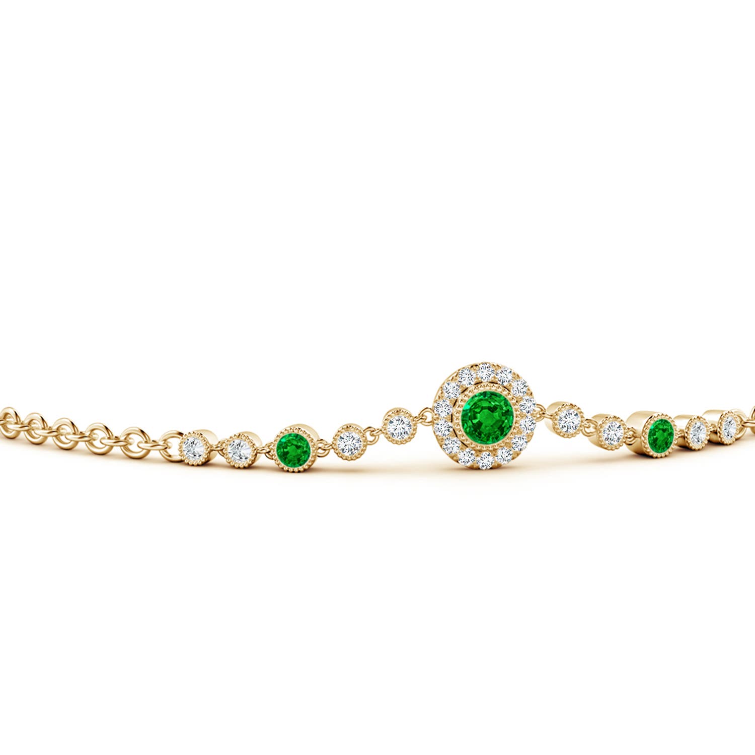 3.5mm AAAA Vintage Style Bezel-Set Emerald and Diamond Bracelet in 18K Yellow Gold