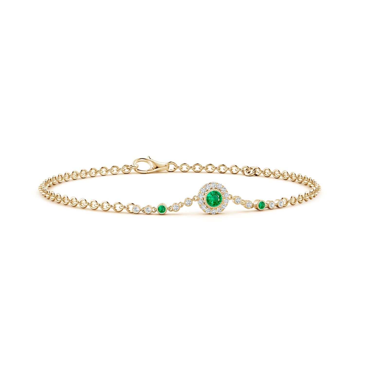 3mm AAA Vintage Style Bezel-Set Emerald and Diamond Bracelet in 18CT Yellow Gold