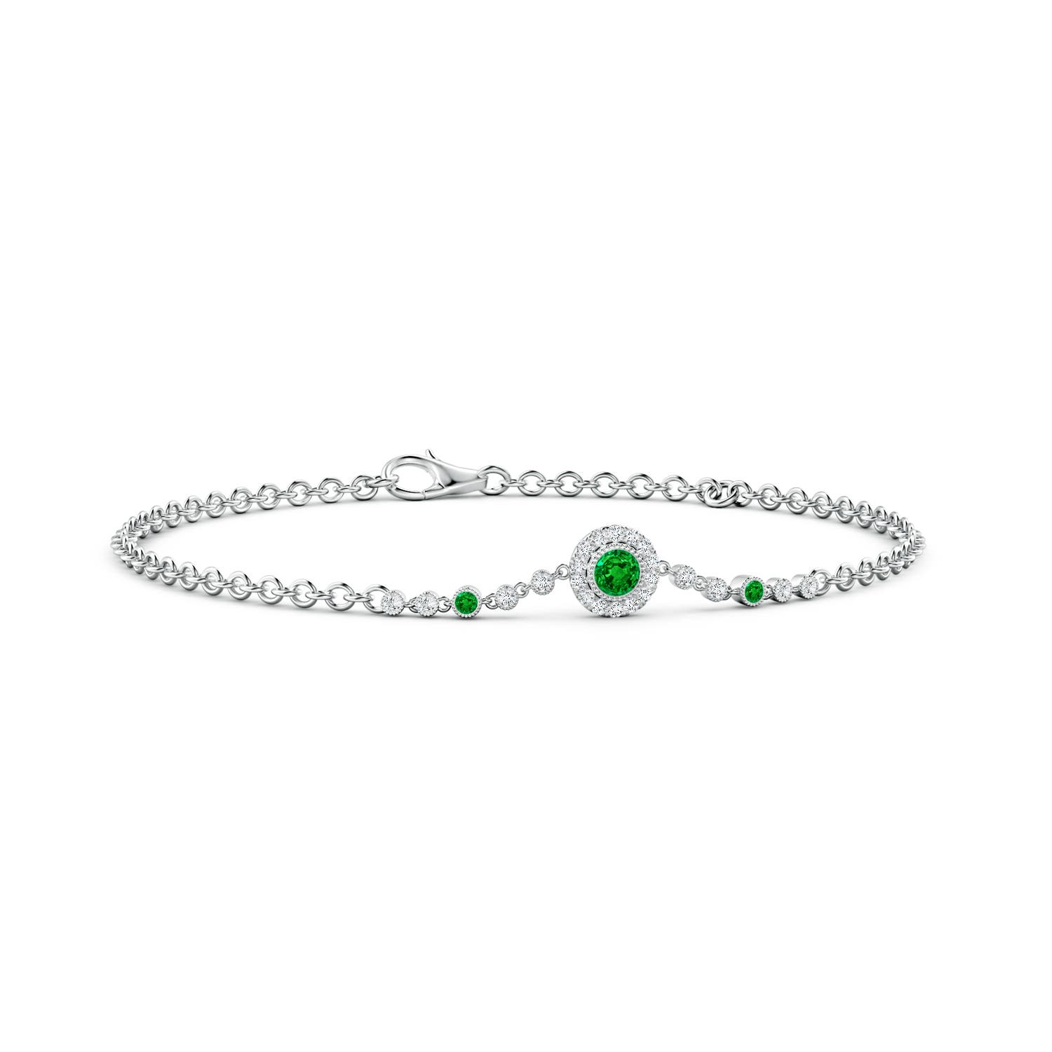 3mm AAAA Vintage Style Bezel-Set Emerald and Diamond Bracelet in 18K White Gold