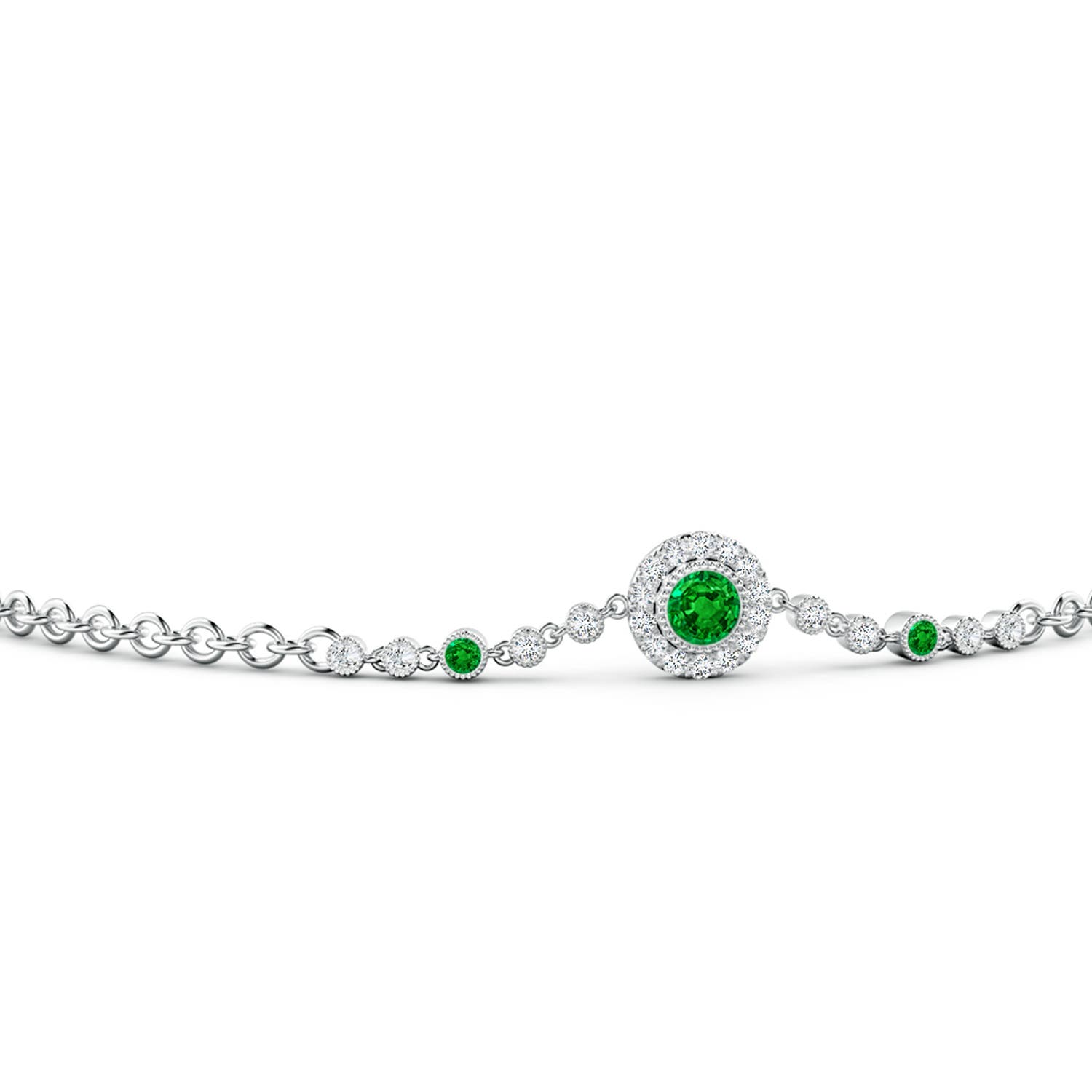 3mm AAAA Vintage Style Bezel-Set Emerald and Diamond Bracelet in White Gold