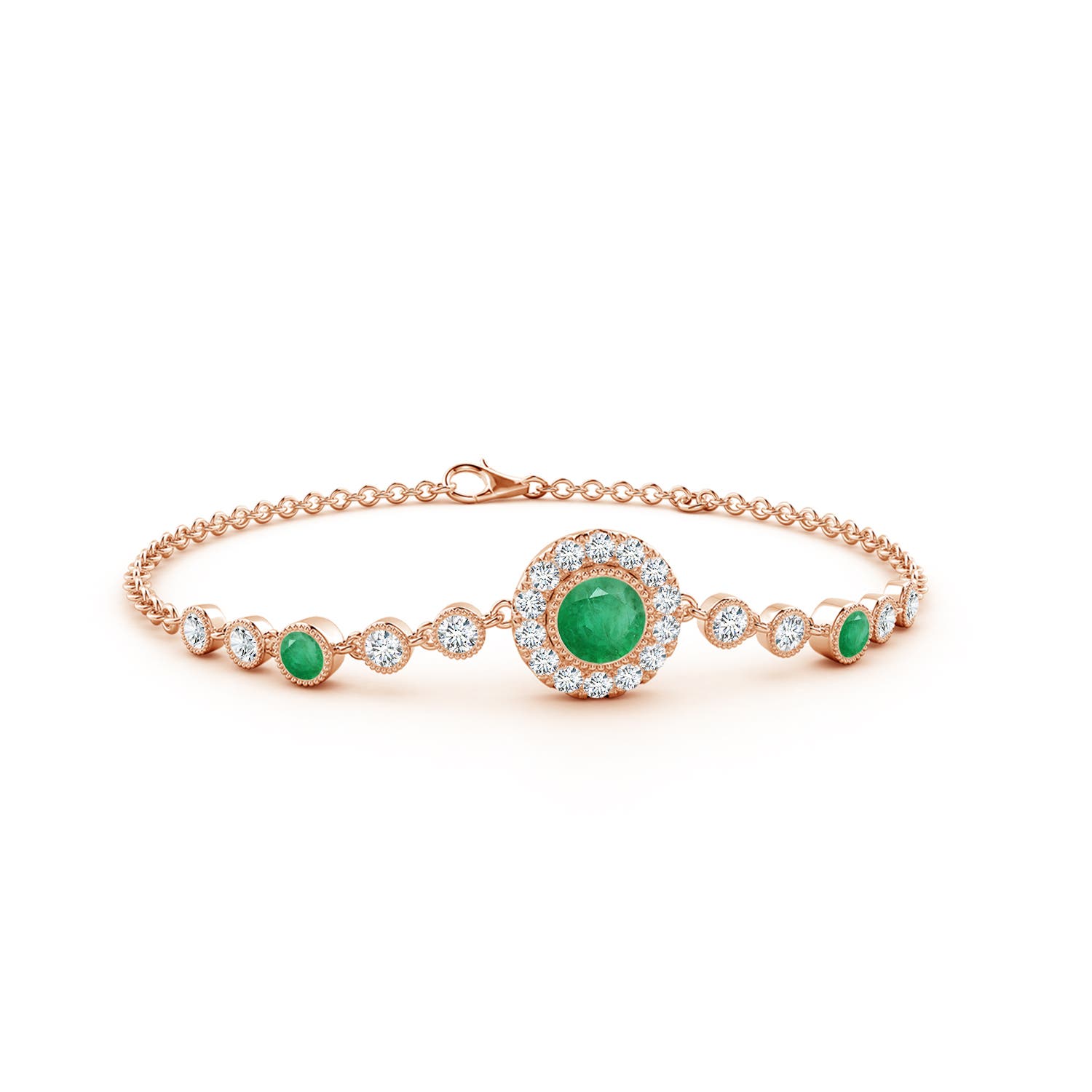 5mm A Vintage Style Bezel-Set Emerald and Diamond Bracelet in Rose Gold