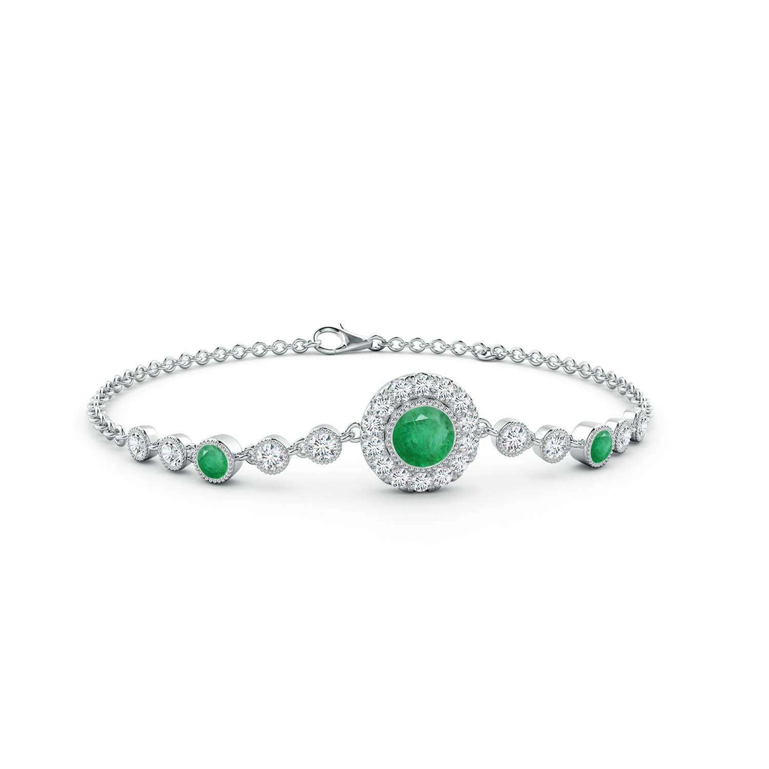 5mm A Vintage Style Bezel-Set Emerald and Diamond Bracelet in White Gold