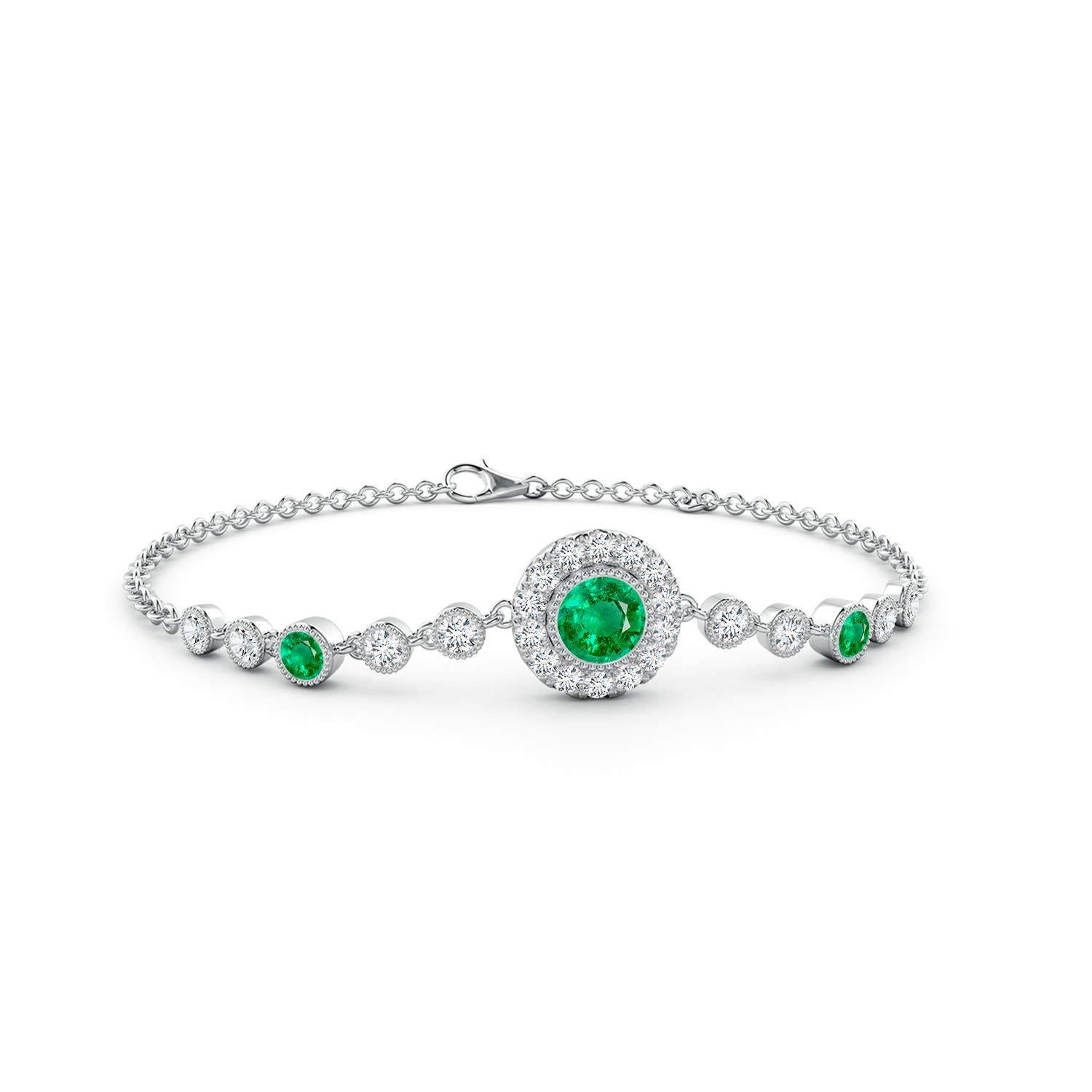 5mm AAA Vintage Style Bezel-Set Emerald and Diamond Bracelet in 18K White Gold