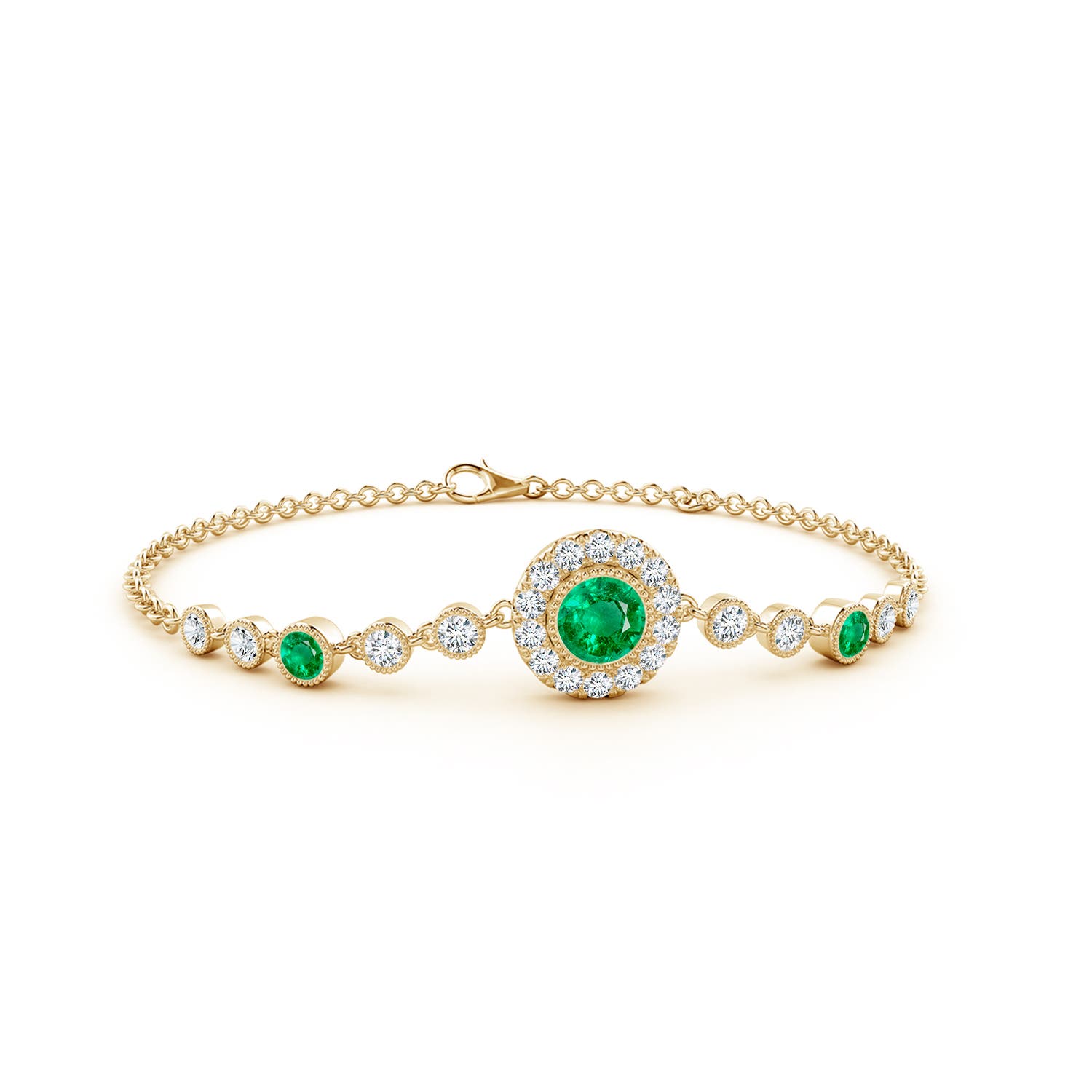 5mm AAA Vintage Style Bezel-Set Emerald and Diamond Bracelet in 18K Yellow Gold