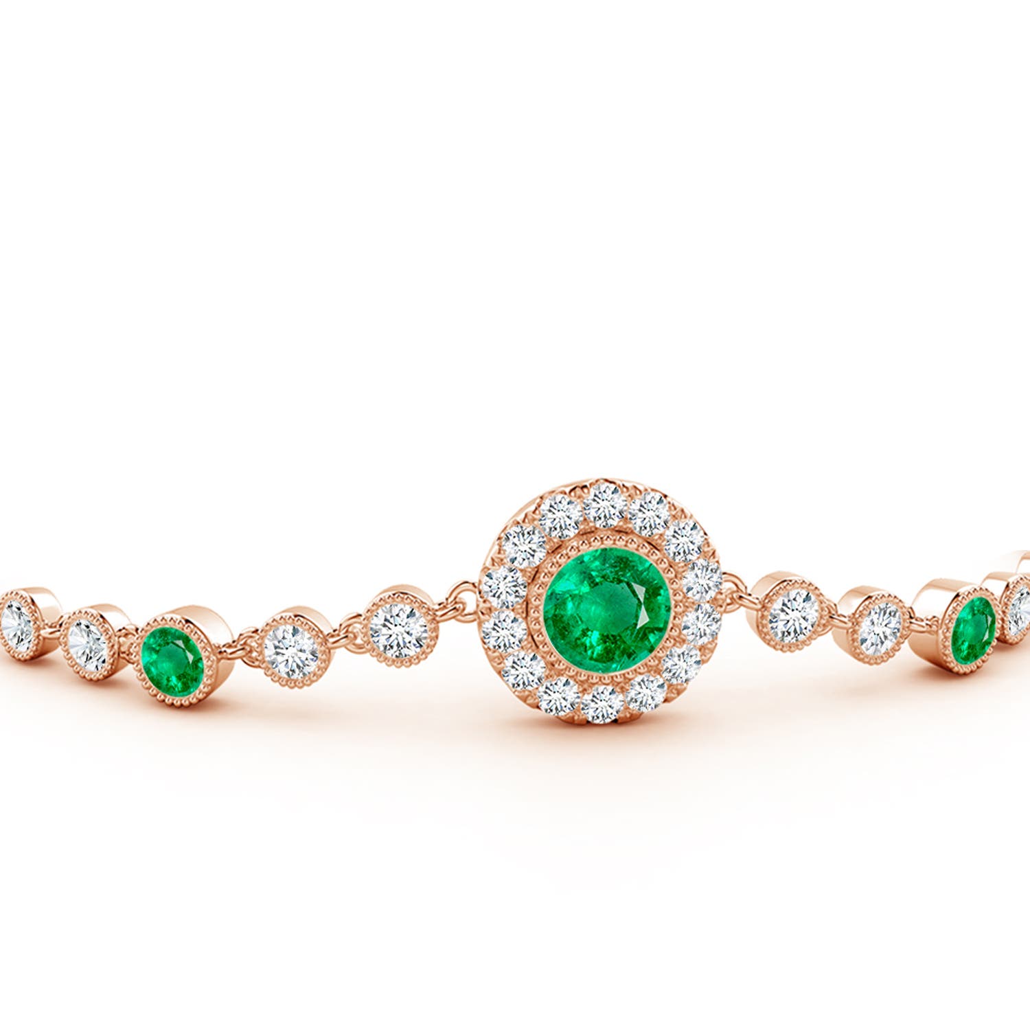 5mm AAA Vintage Style Bezel-Set Emerald and Diamond Bracelet in Rose Gold