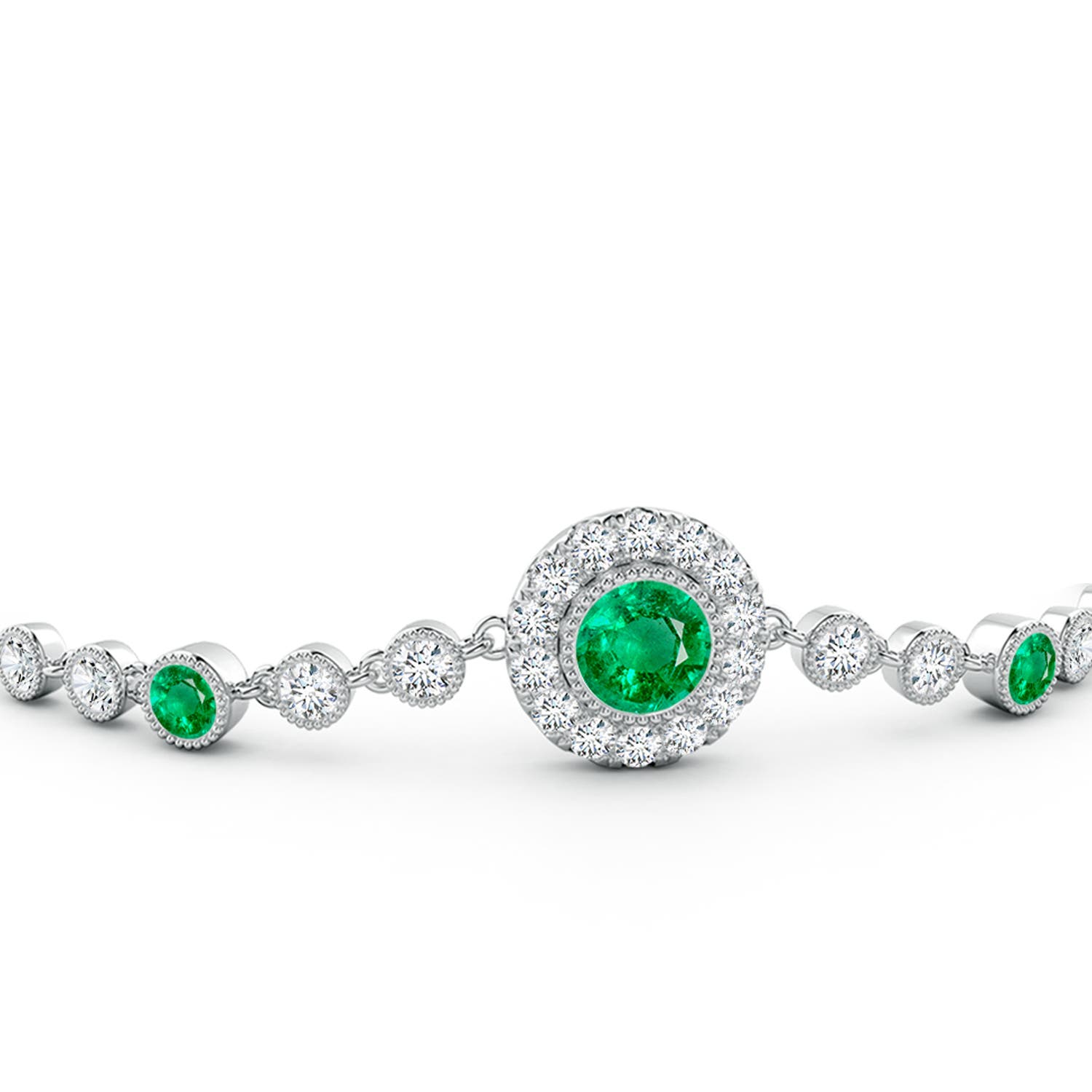 5mm AAA Vintage Style Bezel-Set Emerald and Diamond Bracelet in White Gold