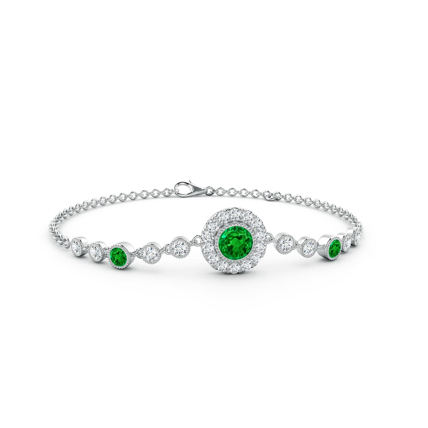 5mm AAAA Vintage Style Bezel-Set Emerald and Diamond Bracelet in 18K White Gold