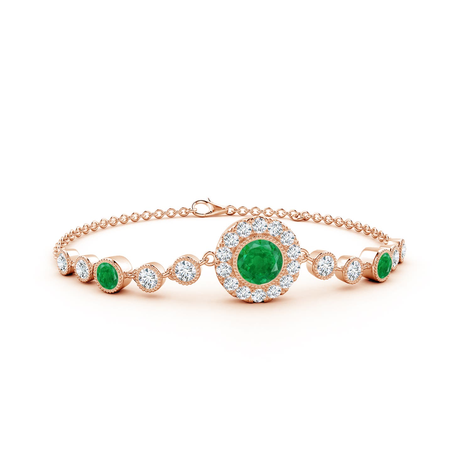 6mm AA Vintage Style Bezel-Set Emerald and Diamond Bracelet in Rose Gold