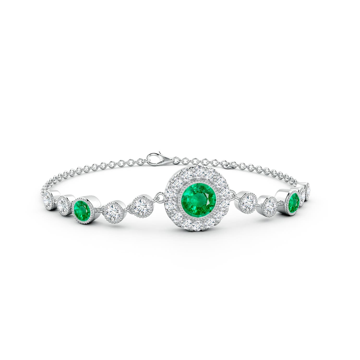 6mm AAA Vintage Style Bezel-Set Emerald and Diamond Bracelet in 18CT White Gold