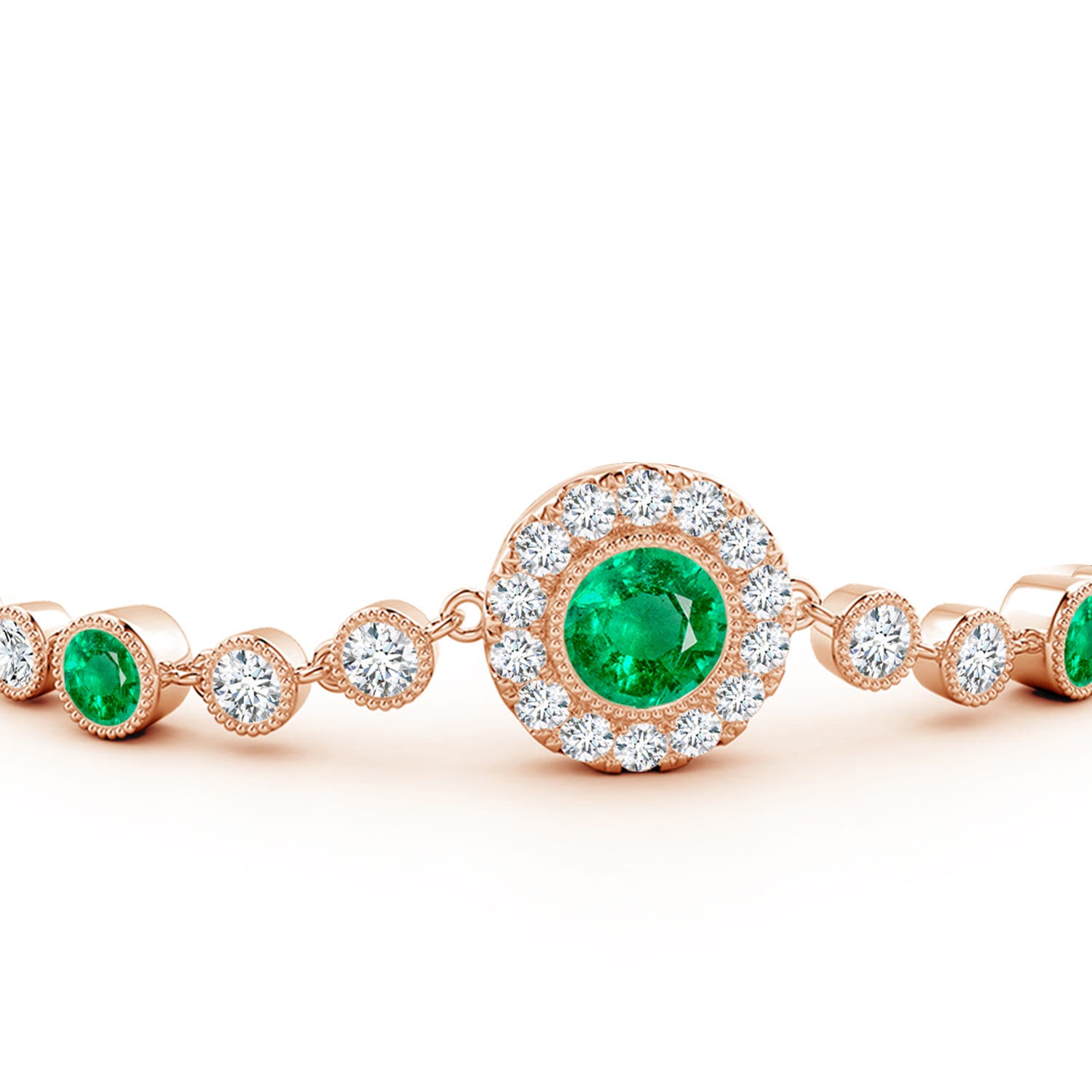 6mm AAA Vintage Style Bezel-Set Emerald and Diamond Bracelet in Rose Gold
