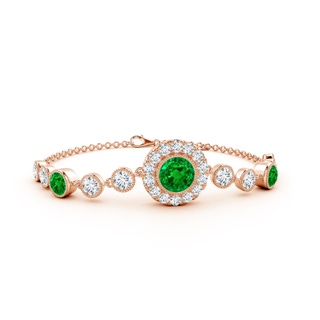 7mm AAAA Vintage Style Bezel-Set Emerald and Diamond Bracelet in 9K Rose Gold