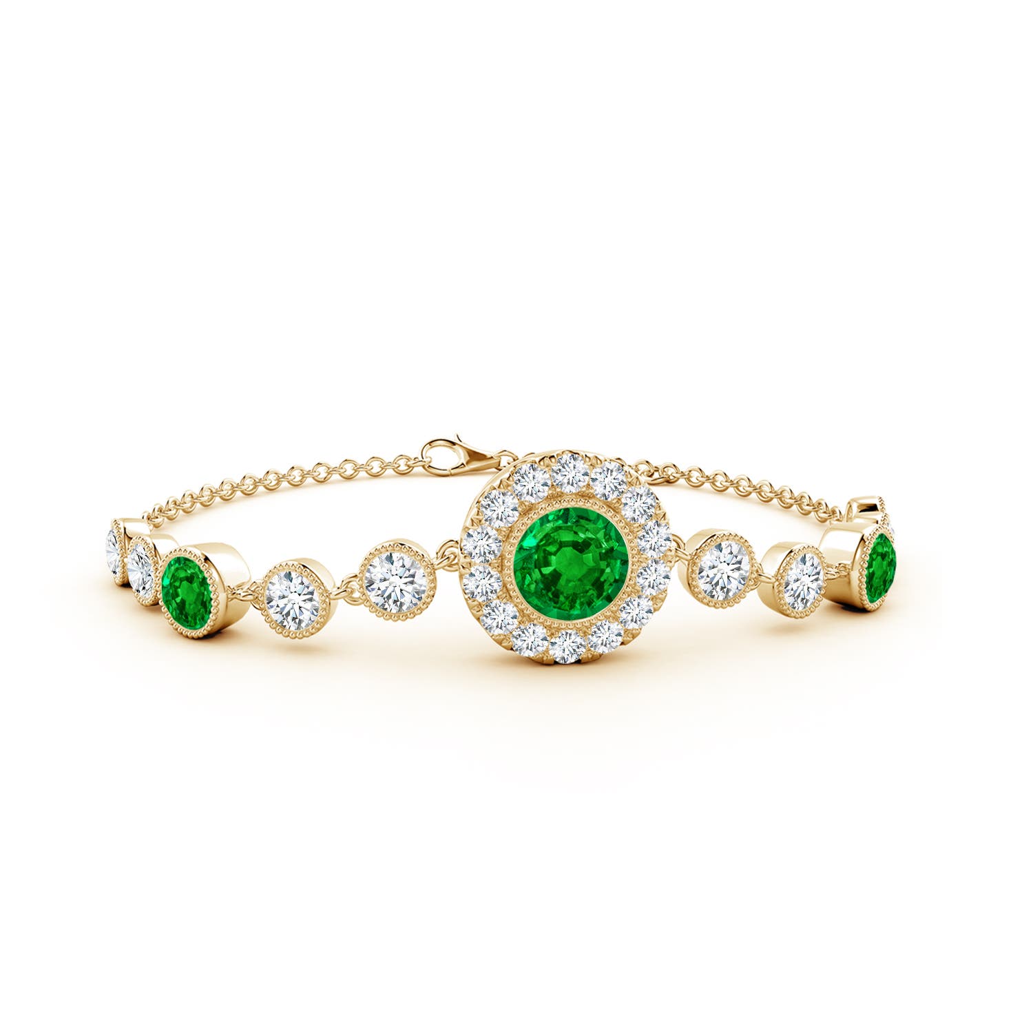 7mm AAAA Vintage Style Bezel-Set Emerald and Diamond Bracelet in Yellow Gold