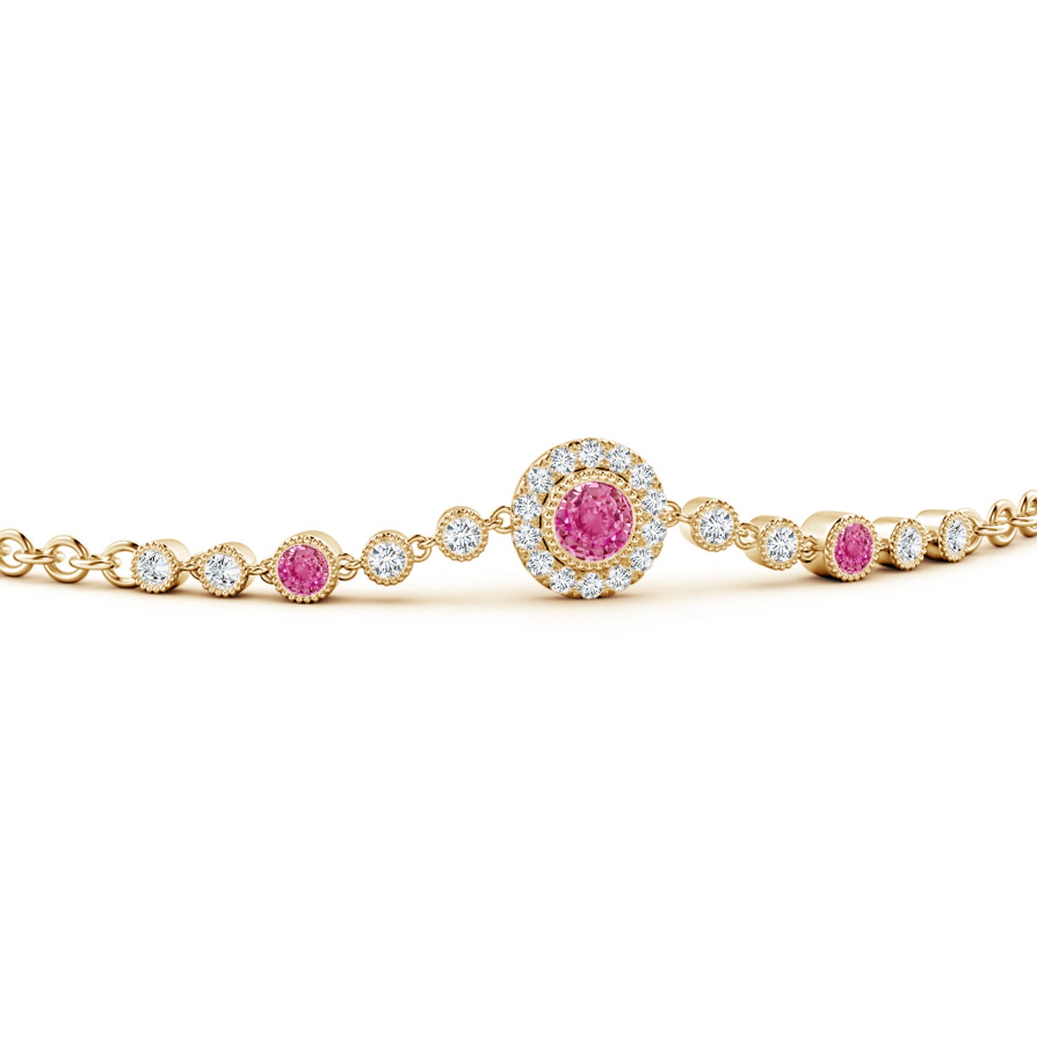 3.5mm AAA Vintage Style Bezel-Set Pink Sapphire and Diamond Bracelet in Yellow Gold - side 1
