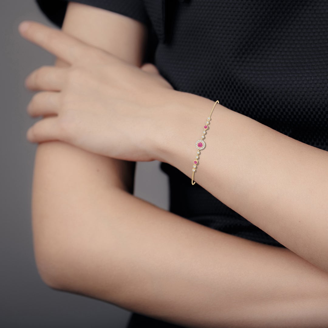 3.5mm AAA Vintage Style Bezel-Set Pink Sapphire and Diamond Bracelet in Yellow Gold - body_view 2