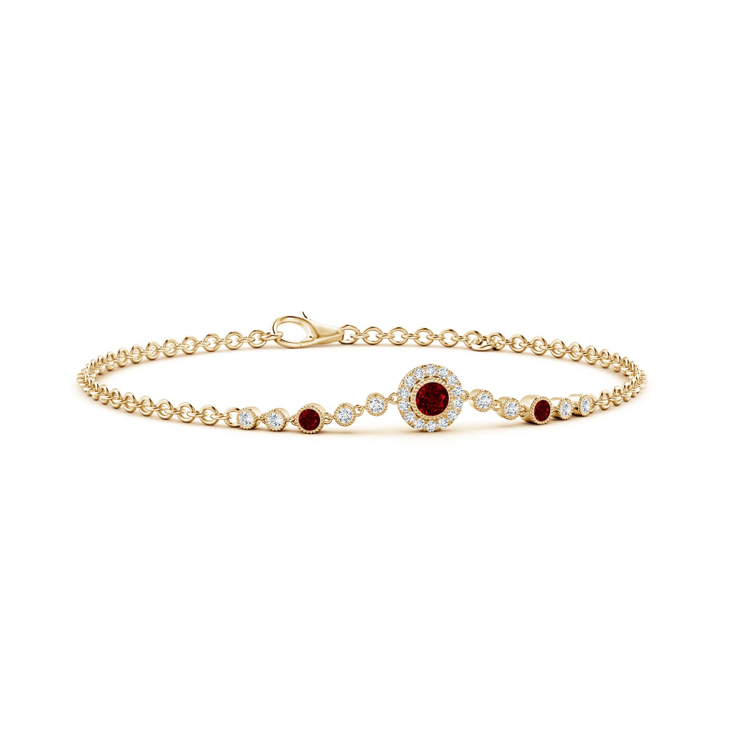 3.5mm AAAA Vintage Style Bezel-Set Ruby and Diamond Bracelet in 18K Yellow Gold