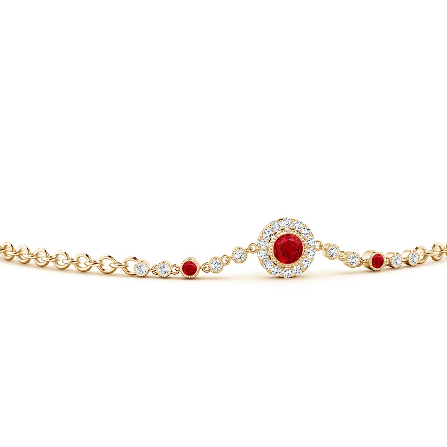 3mm AAA Vintage Style Bezel-Set Ruby and Diamond Bracelet in Yellow Gold