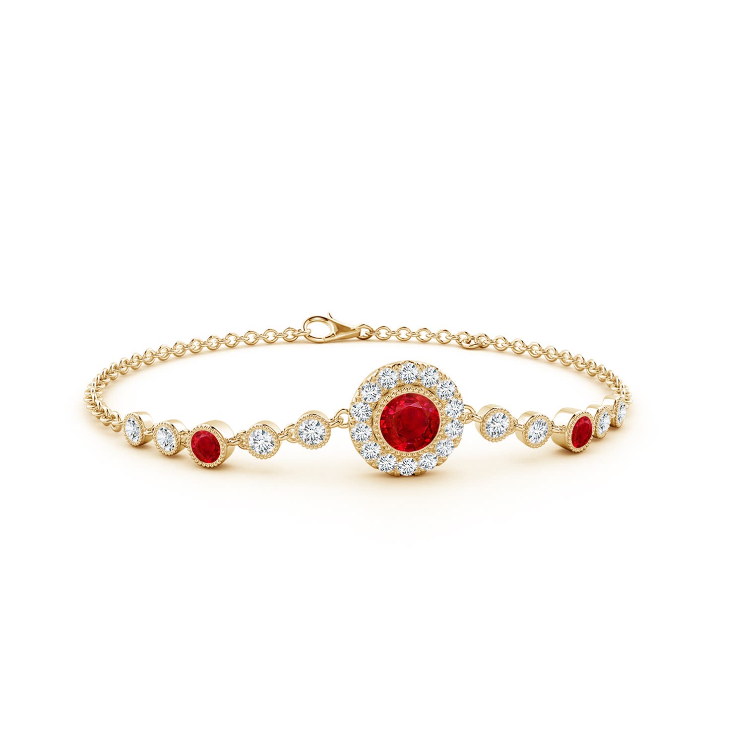 5mm AAA Vintage Style Bezel-Set Ruby and Diamond Bracelet in 18K Yellow Gold