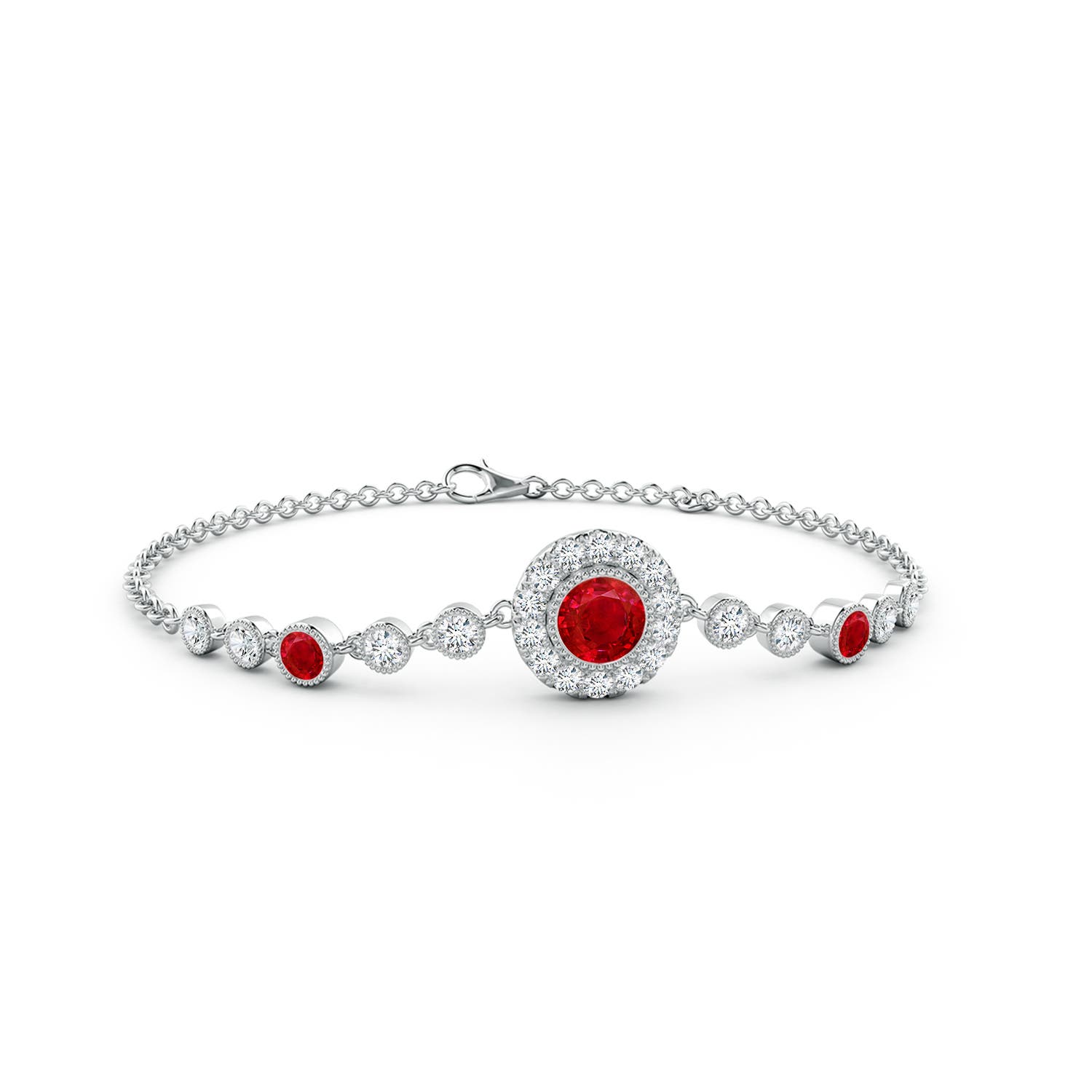 5mm AAA Vintage Style Bezel-Set Ruby and Diamond Bracelet in White Gold