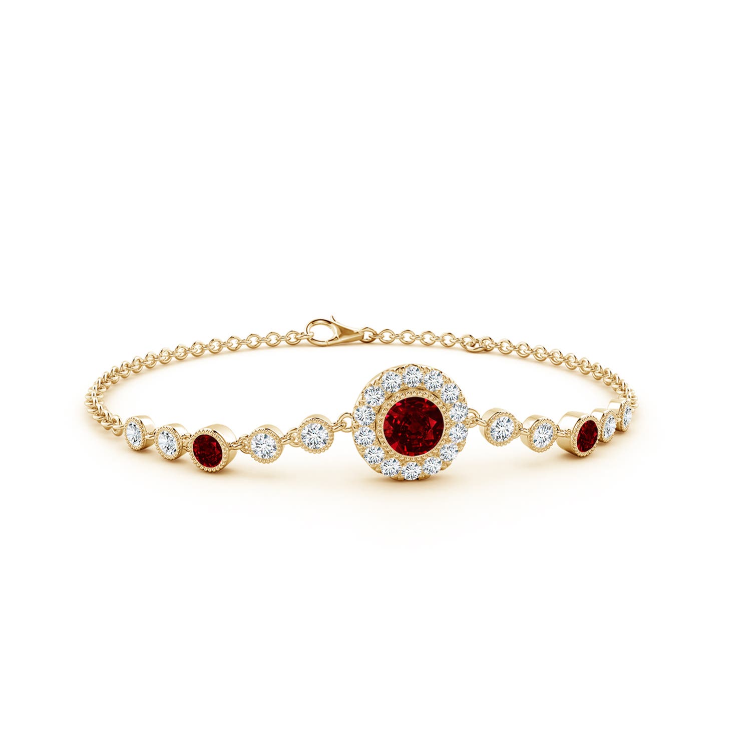 5mm AAAA Vintage Style Bezel-Set Ruby and Diamond Bracelet in Yellow Gold