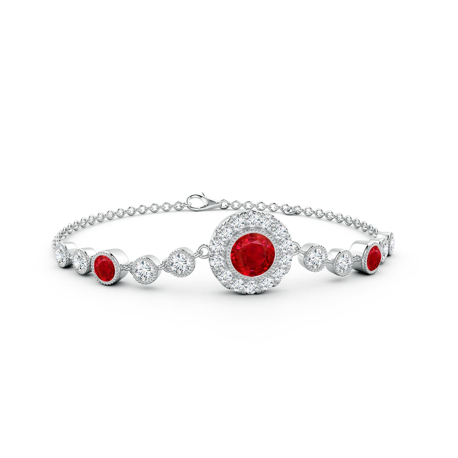 6mm AAA Vintage Style Bezel-Set Ruby and Diamond Bracelet in White Gold