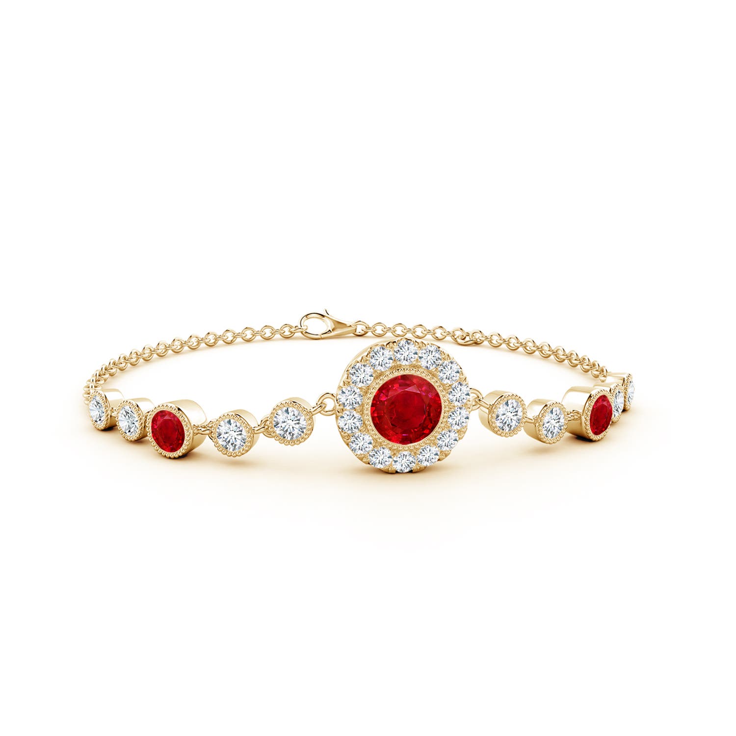6mm AAA Vintage Style Bezel-Set Ruby and Diamond Bracelet in Yellow Gold