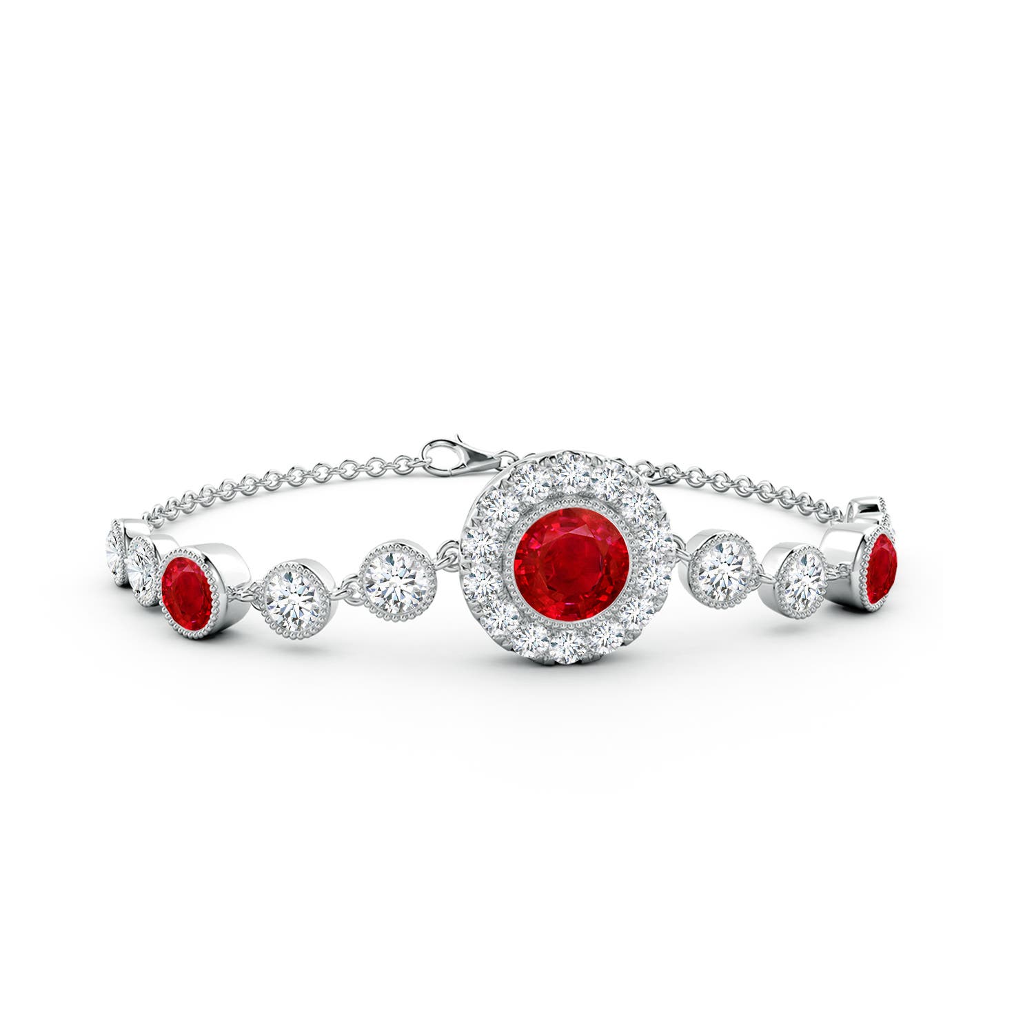7mm AAA Vintage Style Bezel-Set Ruby and Diamond Bracelet in 18K White Gold