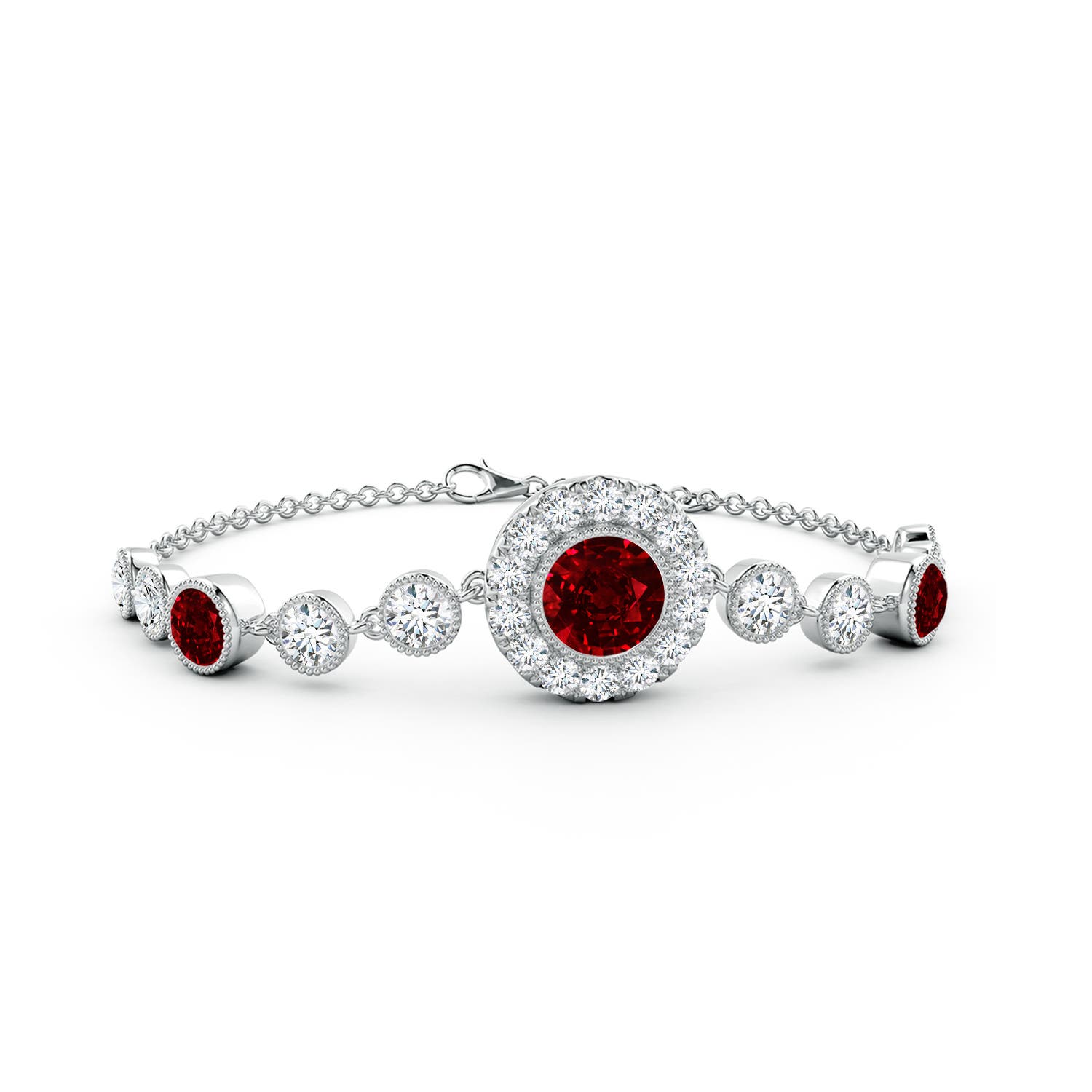 7mm AAAA Vintage Style Bezel-Set Ruby and Diamond Bracelet in White Gold