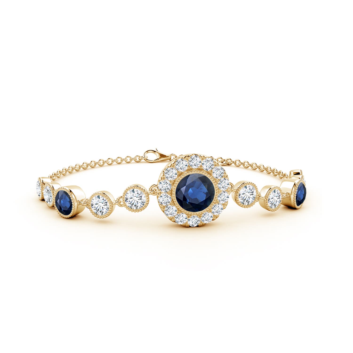 7mm AA Vintage Style Bezel-Set Sapphire and Diamond Bracelet in Yellow Gold