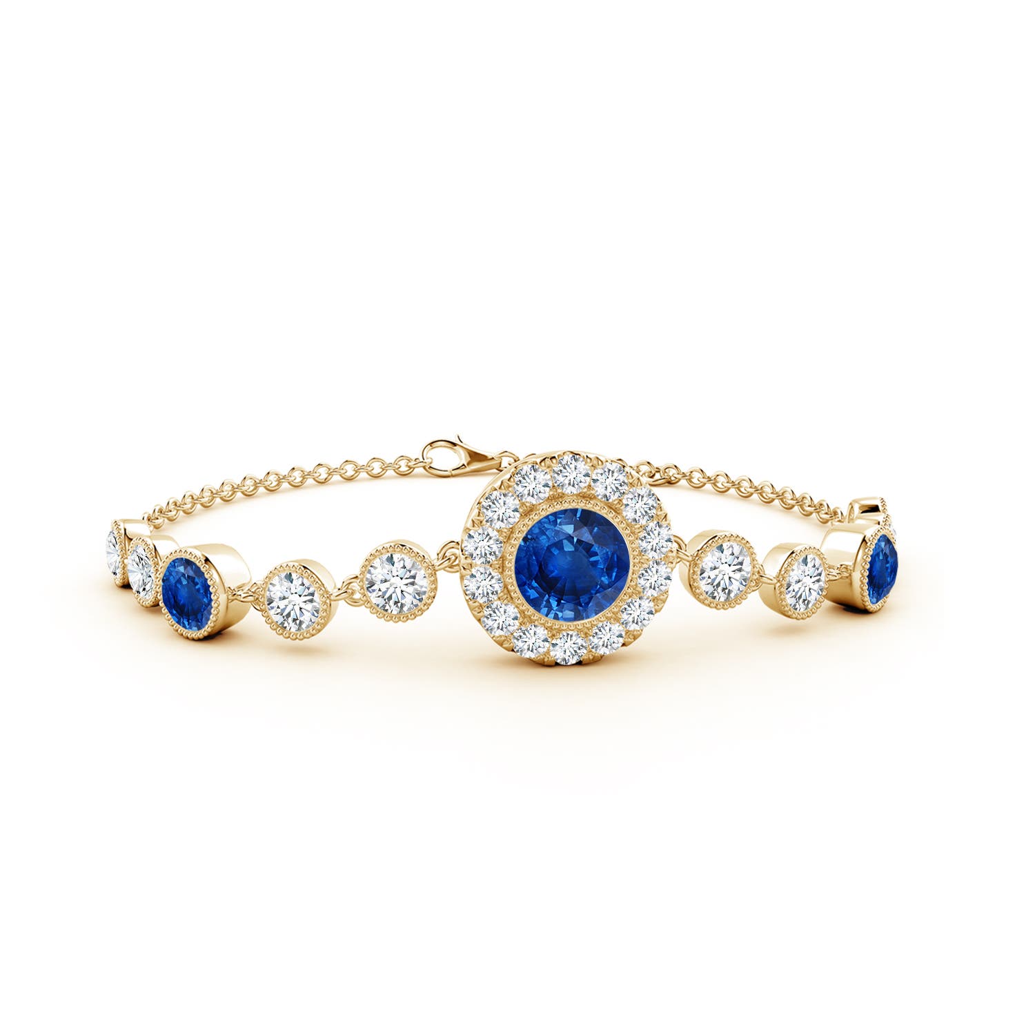 7mm AAA Vintage Style Bezel-Set Sapphire and Diamond Bracelet in 18K Yellow Gold