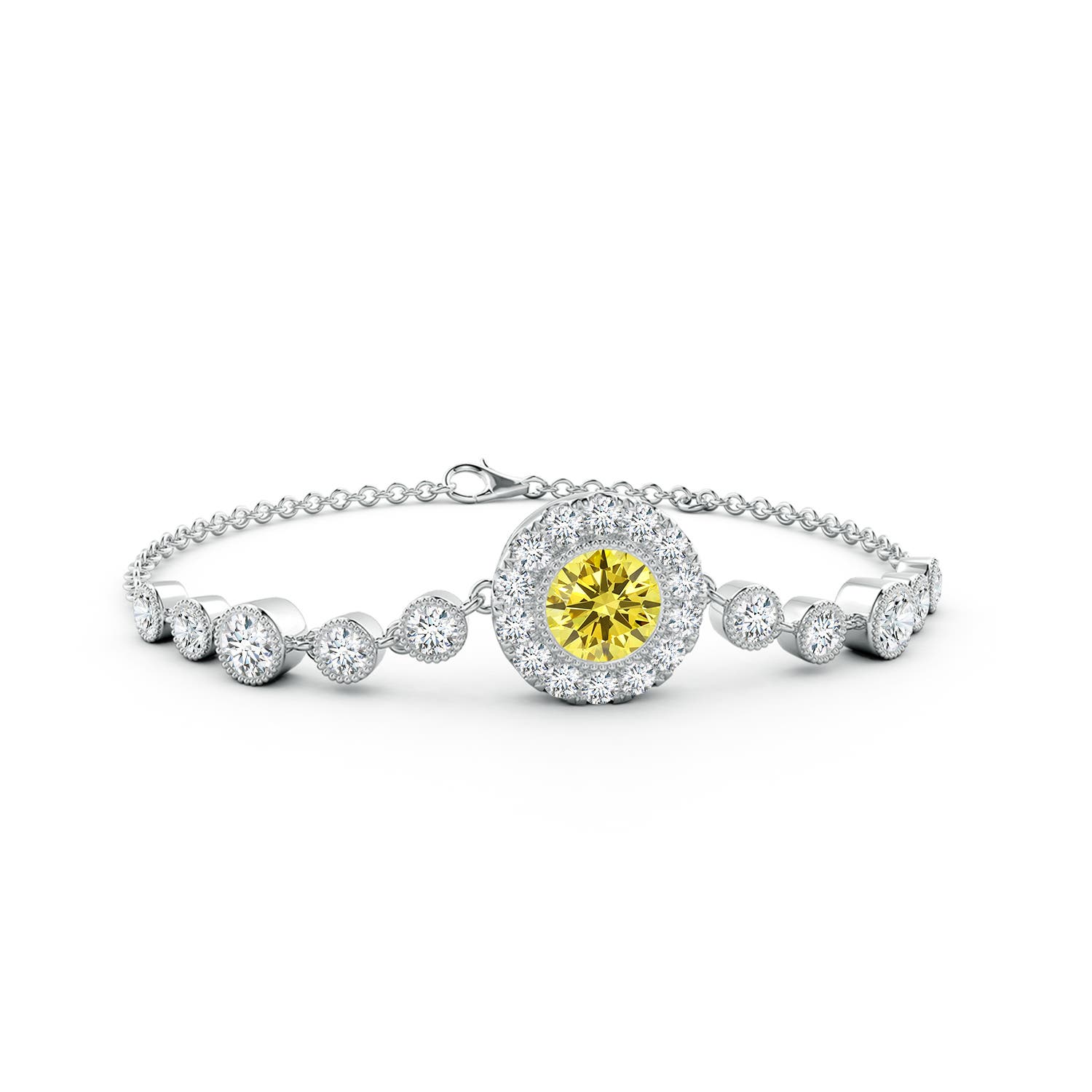 Angara 2.96 CTW Vintage Style Bezel-Set Fancy Intense Yellow and White Diamond Bracelet in 18K White Gold