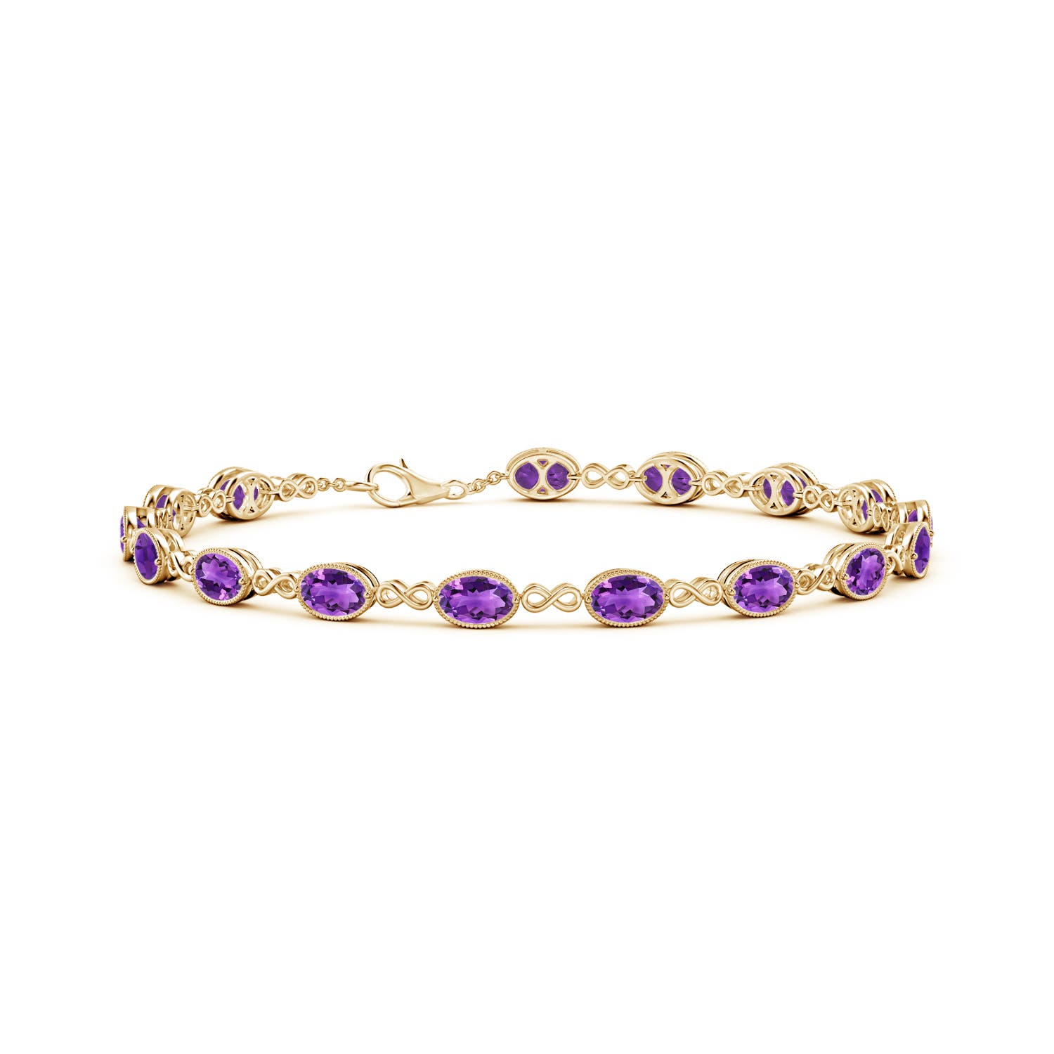 5x4mm AAA Oval Amethyst Infinity Link Bracelet with Milgrain in Yellow Gold