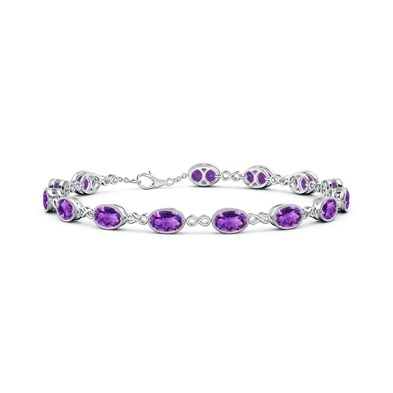 6x4mm AAA Oval Amethyst Infinity Link Bracelet with Milgrain in White Gold