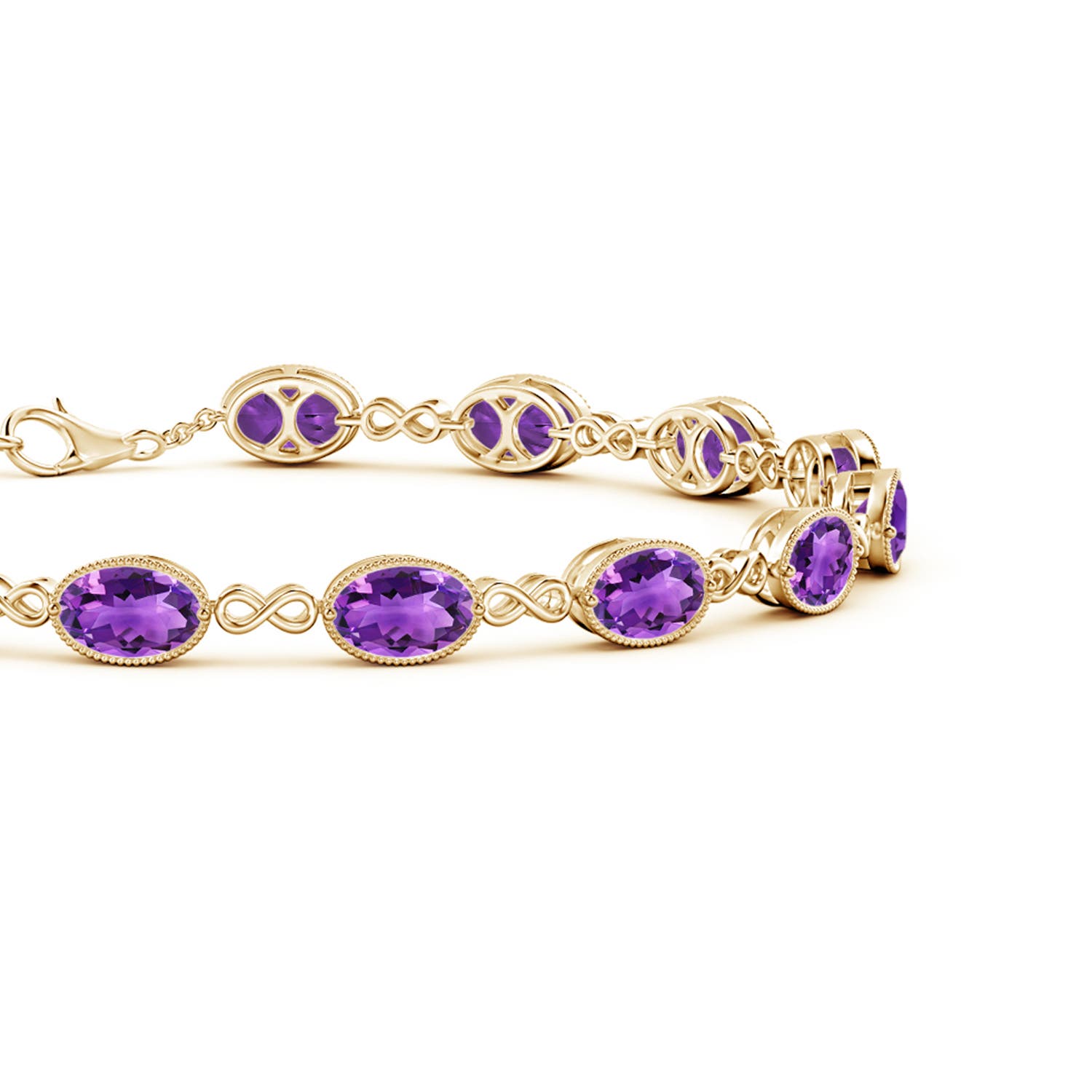 6x4mm AAA Oval Amethyst Infinity Link Bracelet with Milgrain in Yellow Gold