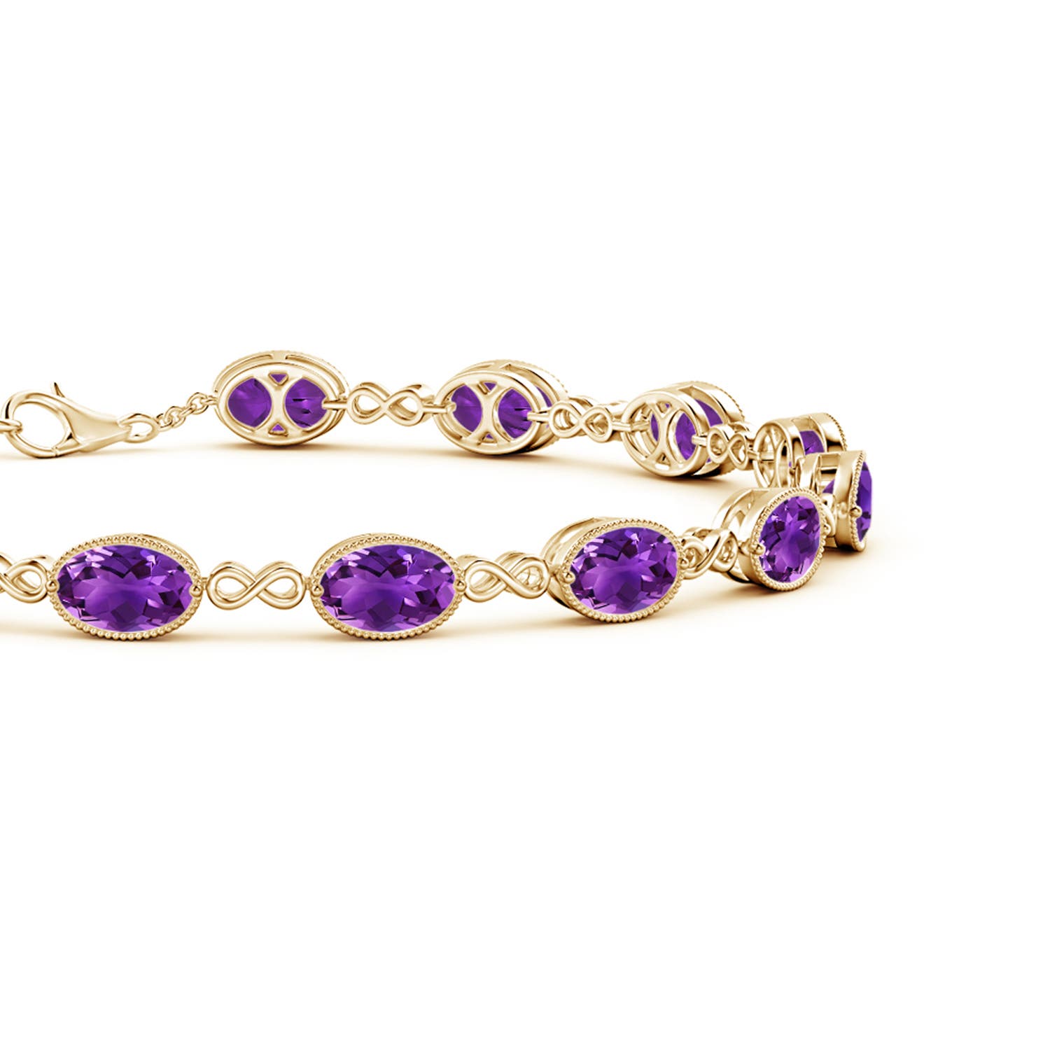 6x4mm AAAA Oval Amethyst Infinity Link Bracelet with Milgrain in Yellow Gold