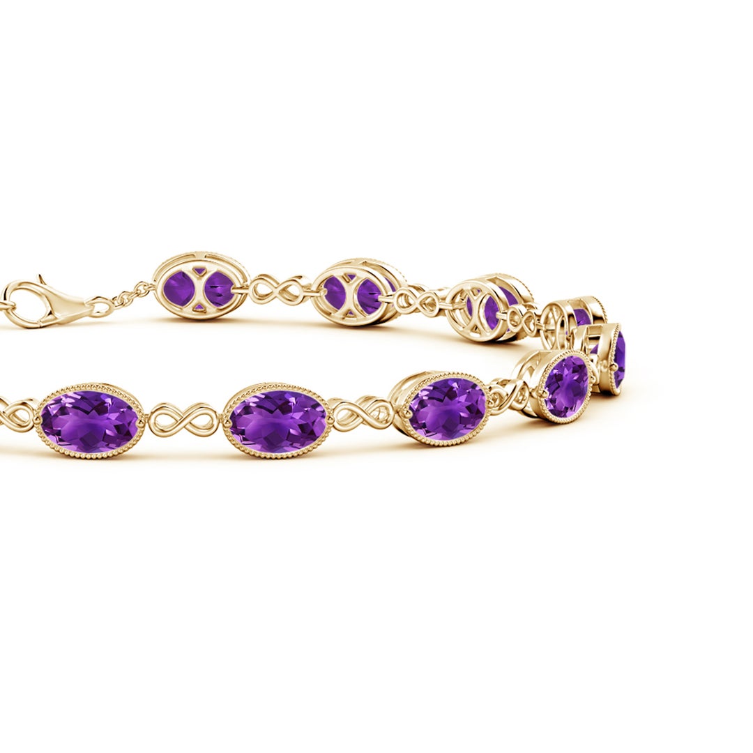 6x4mm AAAA Oval Amethyst Infinity Link Bracelet with Milgrain in Yellow Gold - side 1