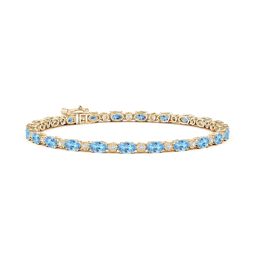 5x3mm AAAA Oval Aquamarine Tennis Bracelet with Gypsy Diamonds in Yellow Gold