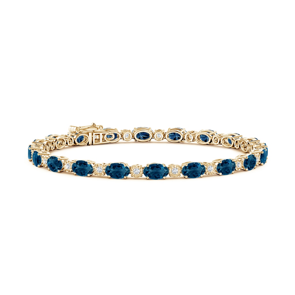 6x4mm AAAA Oval London Blue Topaz Tennis Bracelet with Gypsy Diamonds in Yellow Gold