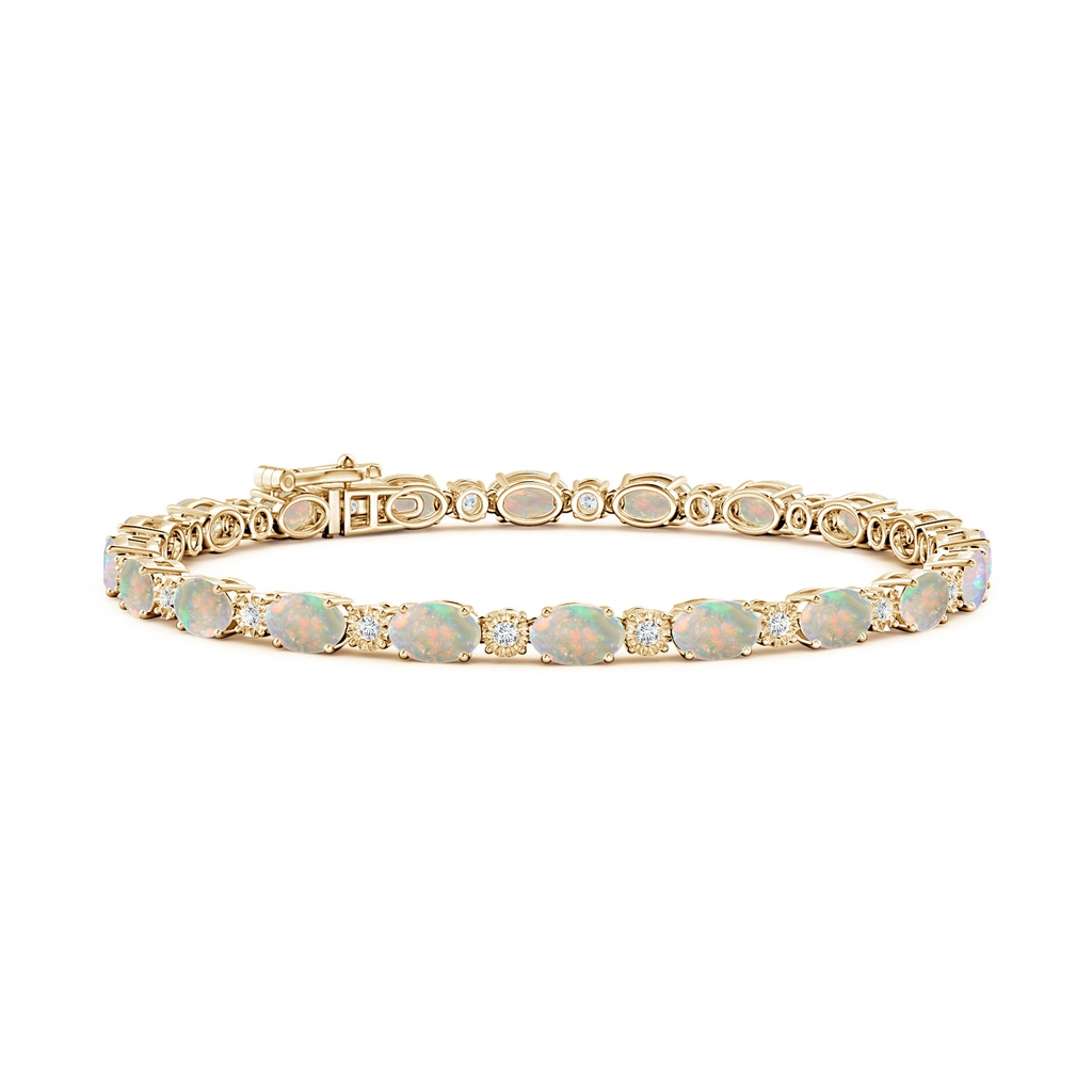 6x4mm AAAA Oval Opal Tennis Bracelet with Gypsy Diamonds in Yellow Gold