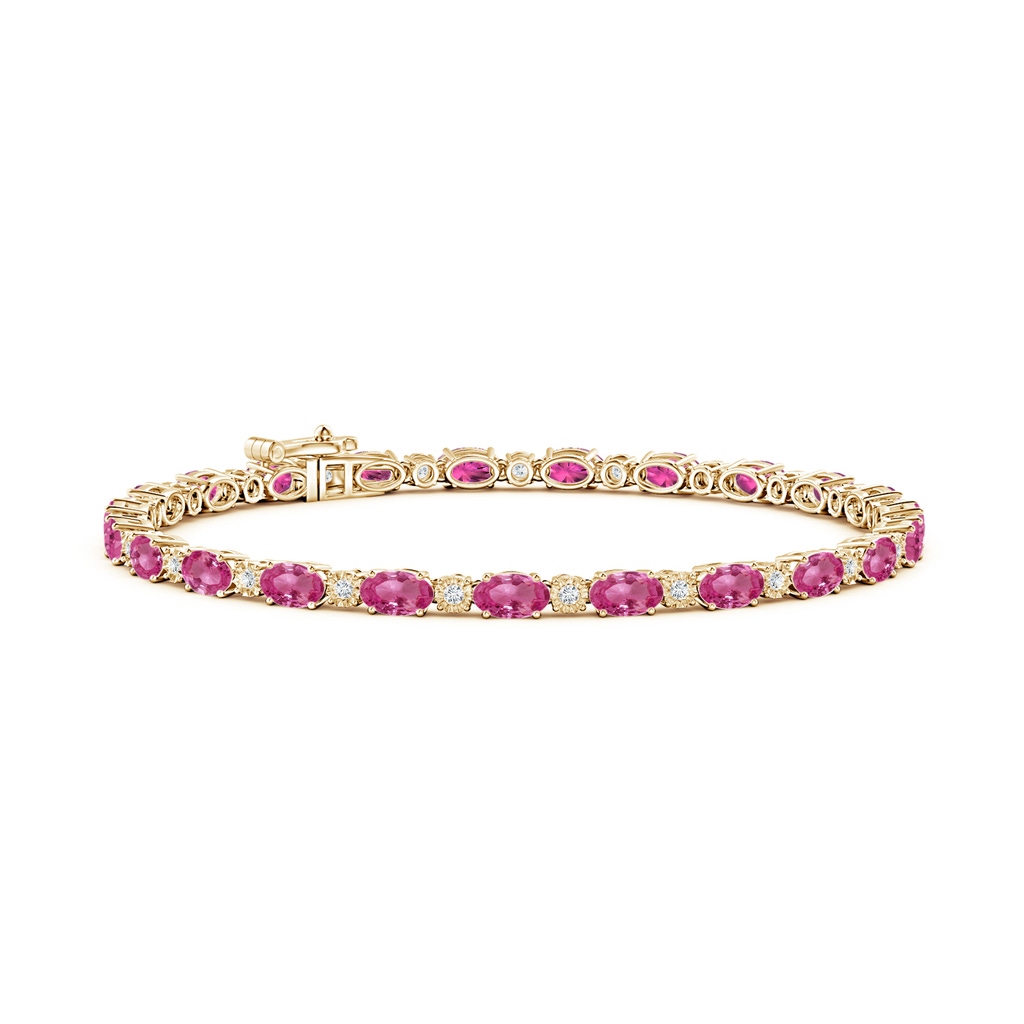 5x3mm AAAA Oval Pink Sapphire Tennis Bracelet with Gypsy Diamonds in Yellow Gold